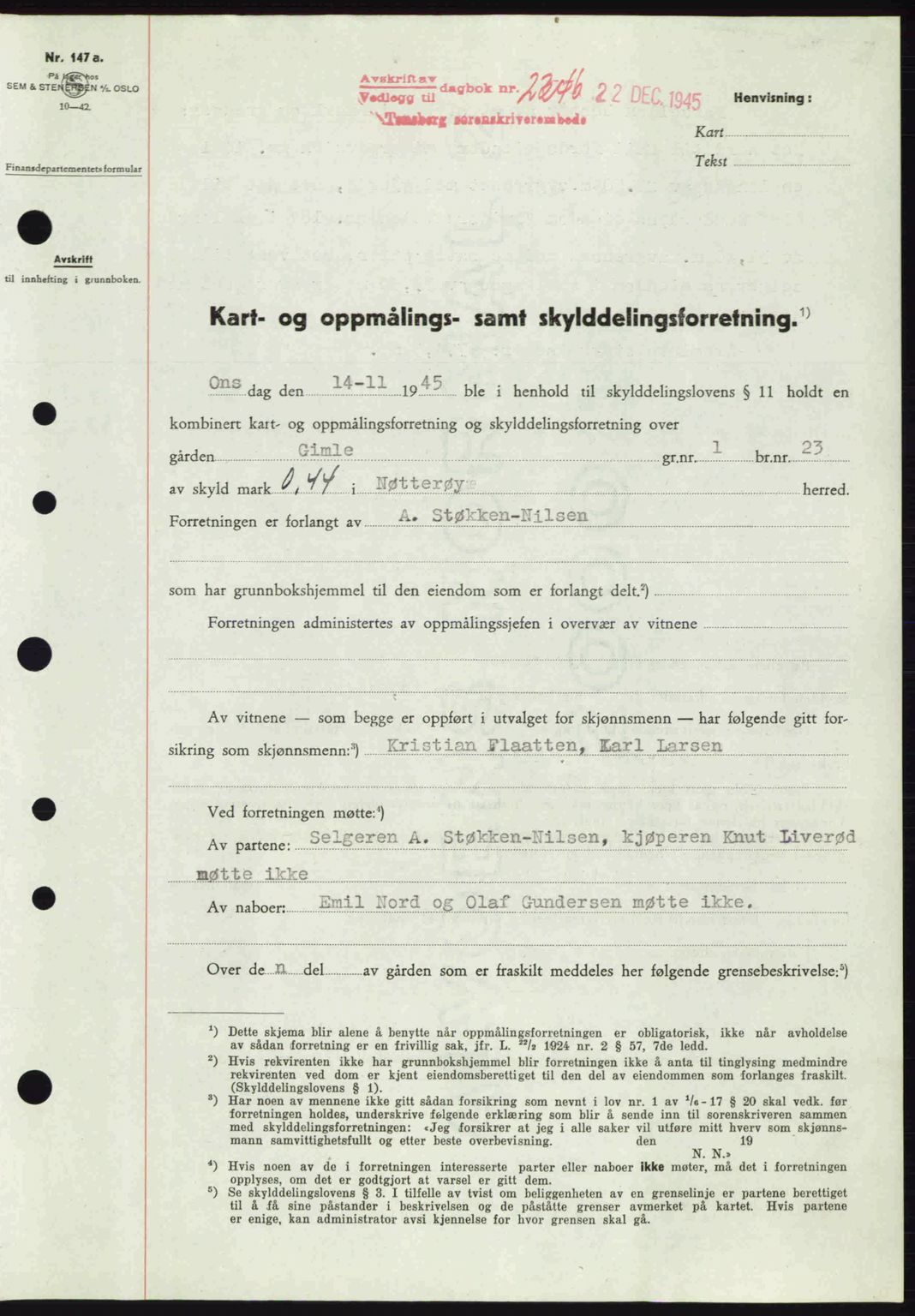 Tønsberg sorenskriveri, AV/SAKO-A-130/G/Ga/Gaa/L0017a: Pantebok nr. A17a, 1945-1945, Dagboknr: 2346/1945