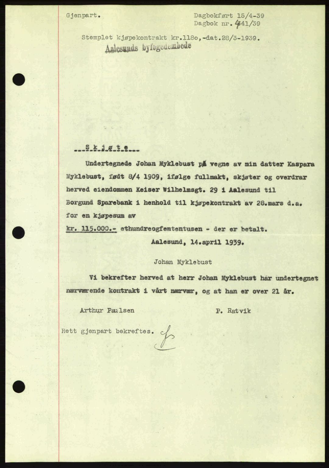 Ålesund byfogd, AV/SAT-A-4384: Pantebok nr. 34 II, 1938-1940, Dagboknr: 441/1939