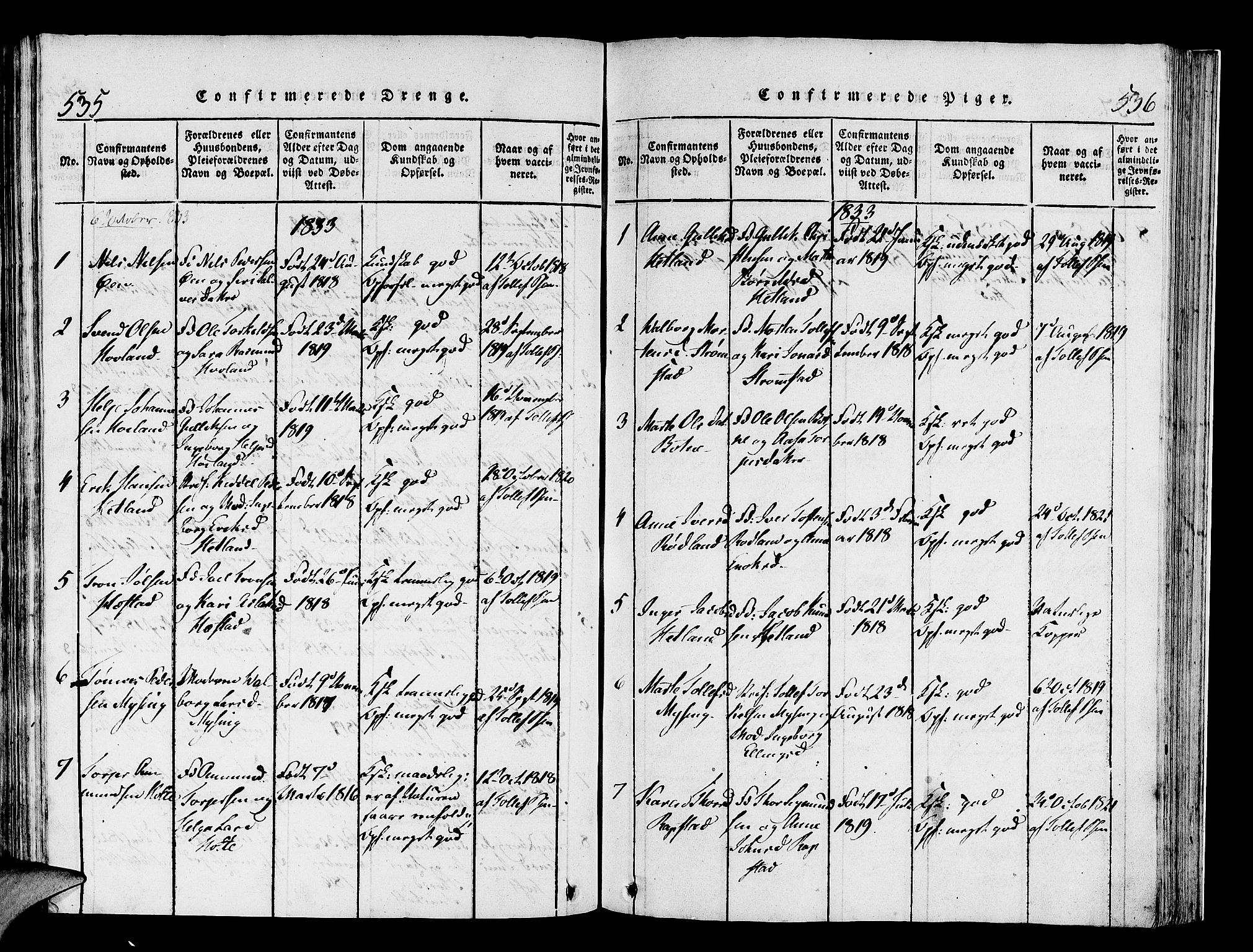 Helleland sokneprestkontor, SAST/A-101810: Ministerialbok nr. A 4, 1815-1834, s. 535-536