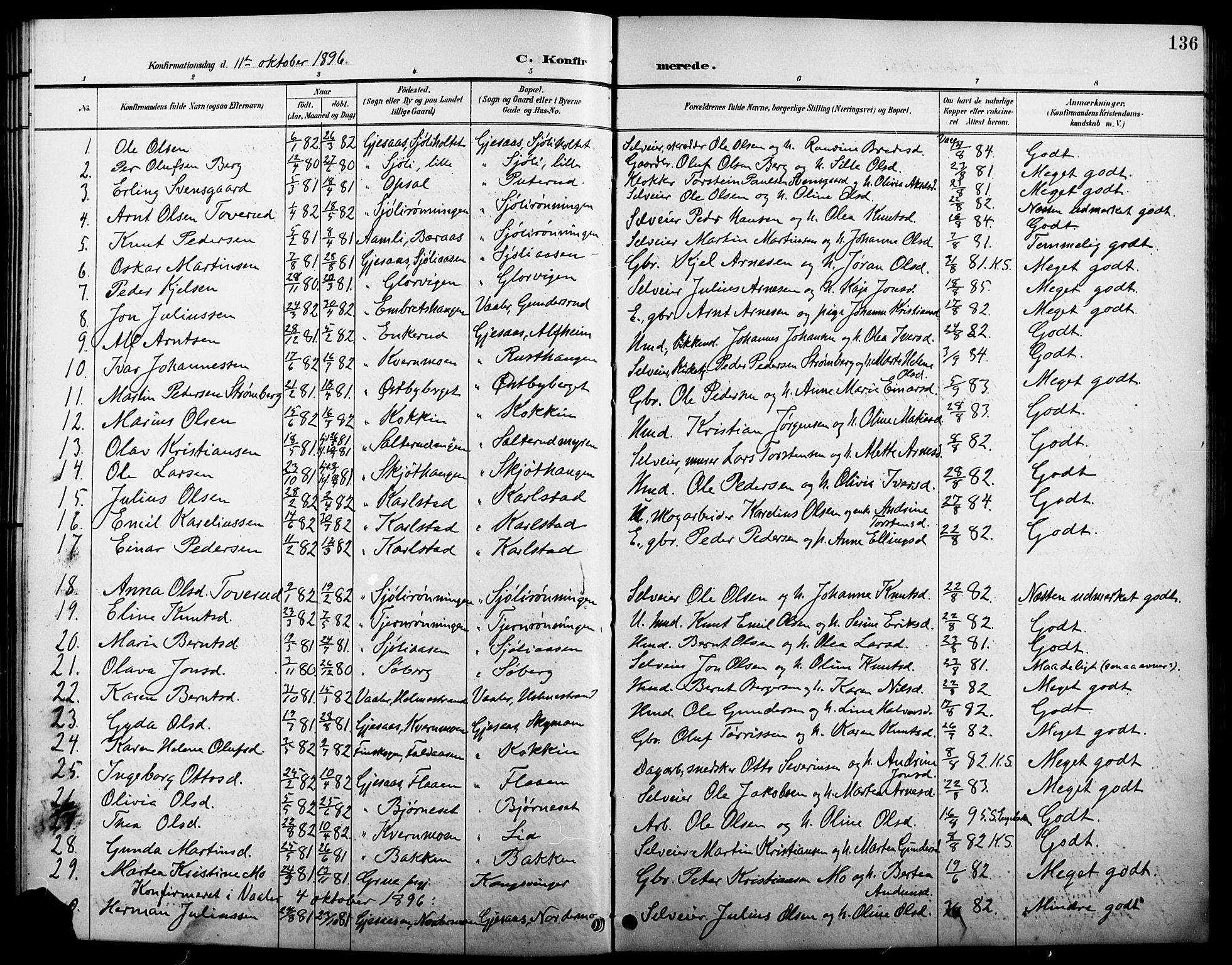 Åsnes prestekontor, AV/SAH-PREST-042/H/Ha/Hab/L0005: Klokkerbok nr. 5, 1895-1920, s. 136