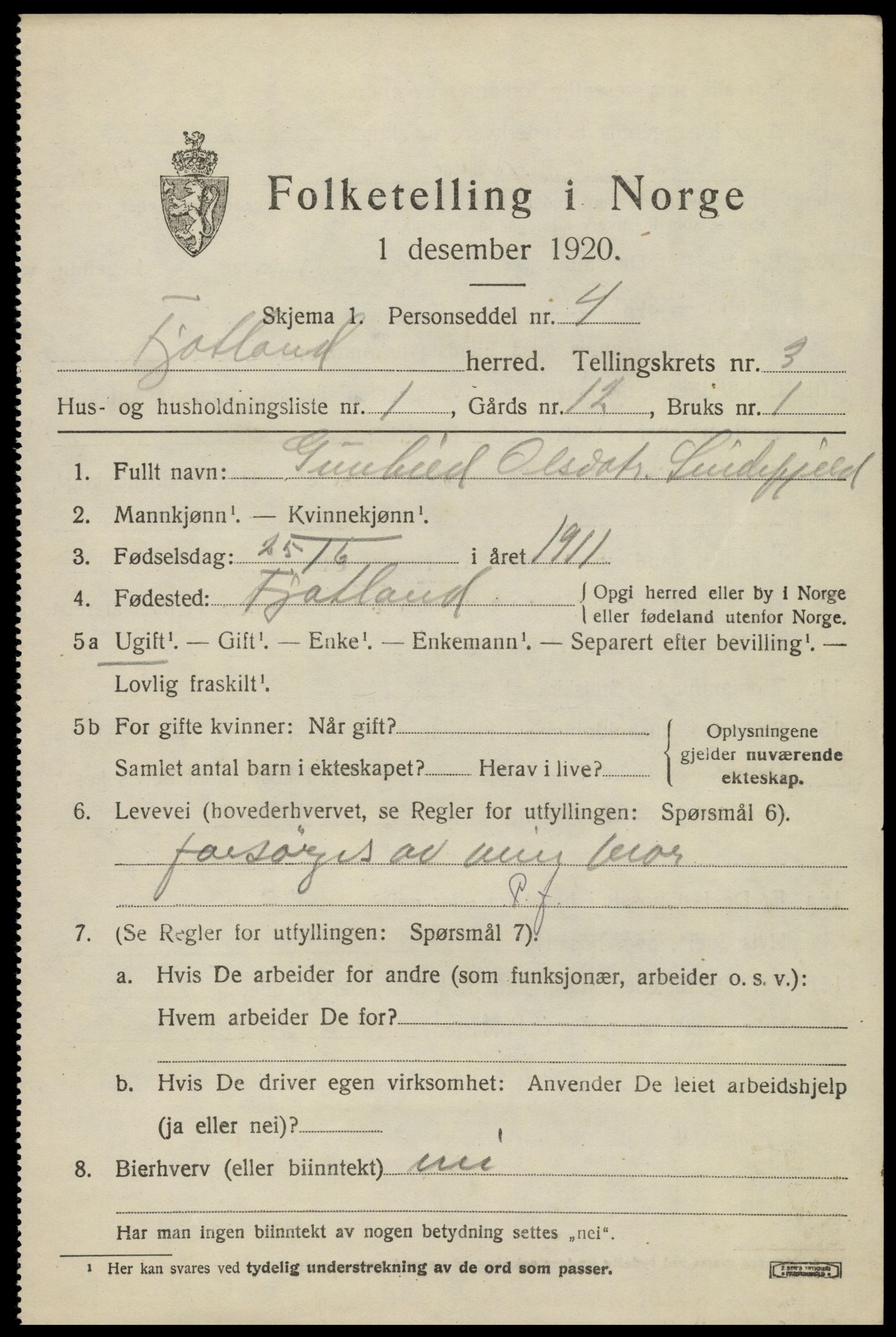 SAK, Folketelling 1920 for 1036 Fjotland herred, 1920, s. 936