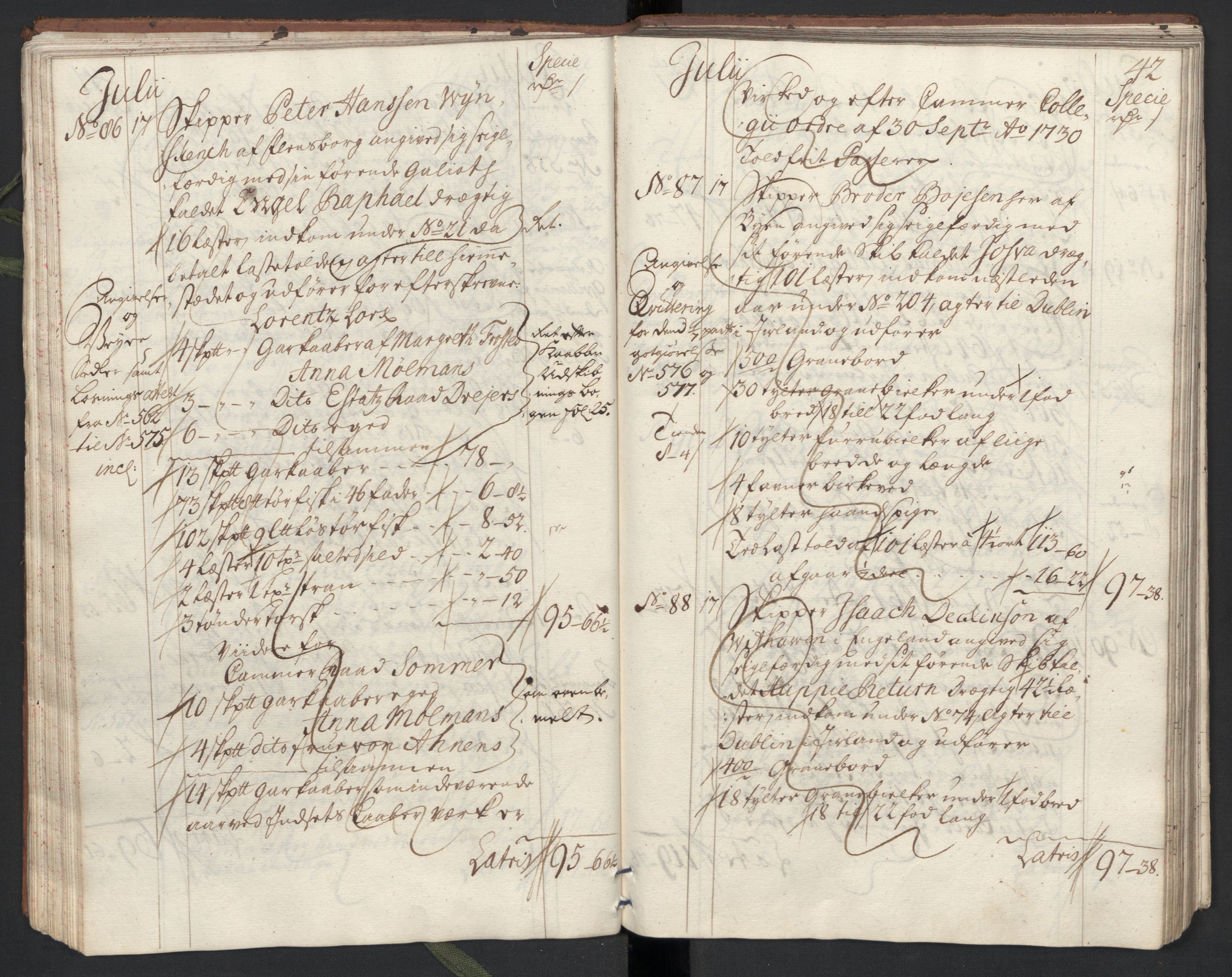 Generaltollkammeret, tollregnskaper, AV/RA-EA-5490/R33/L0013/0002: Tollregnskaper Trondheim A / Utgående tollbok, 1731, s. 41b-42a