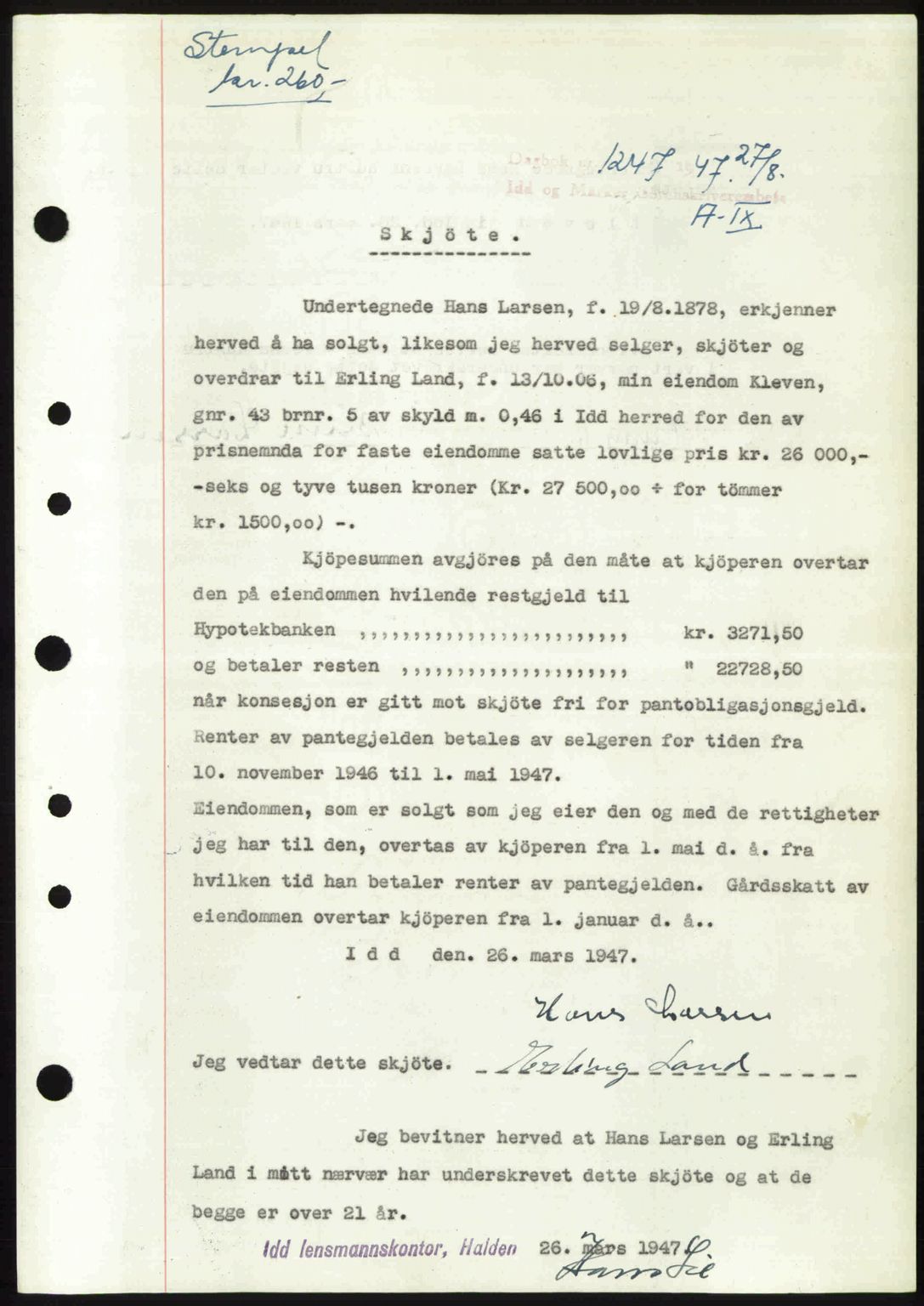 Idd og Marker sorenskriveri, SAO/A-10283/G/Gb/Gbb/L0009: Pantebok nr. A9, 1946-1947, Dagboknr: 1247/1947