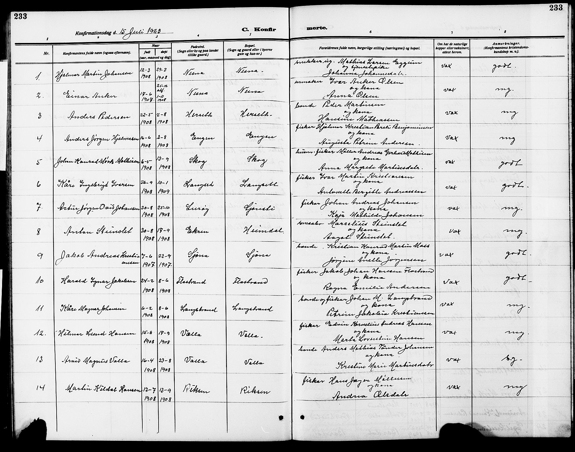 Ministerialprotokoller, klokkerbøker og fødselsregistre - Nordland, AV/SAT-A-1459/838/L0560: Klokkerbok nr. 838C07, 1910-1928, s. 233