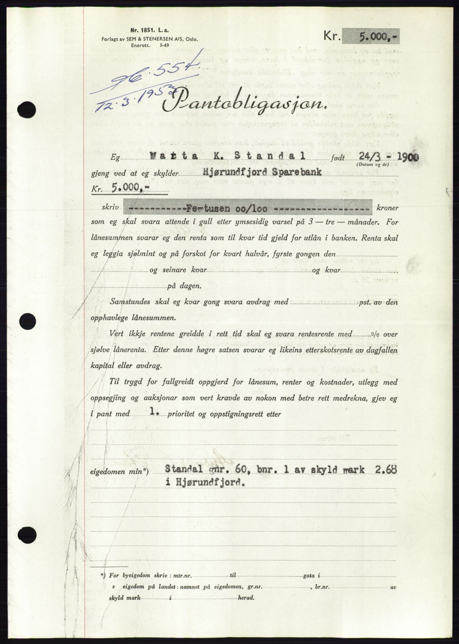 Søre Sunnmøre sorenskriveri, AV/SAT-A-4122/1/2/2C/L0123: Pantebok nr. 11B, 1953-1953, Dagboknr: 554/1953