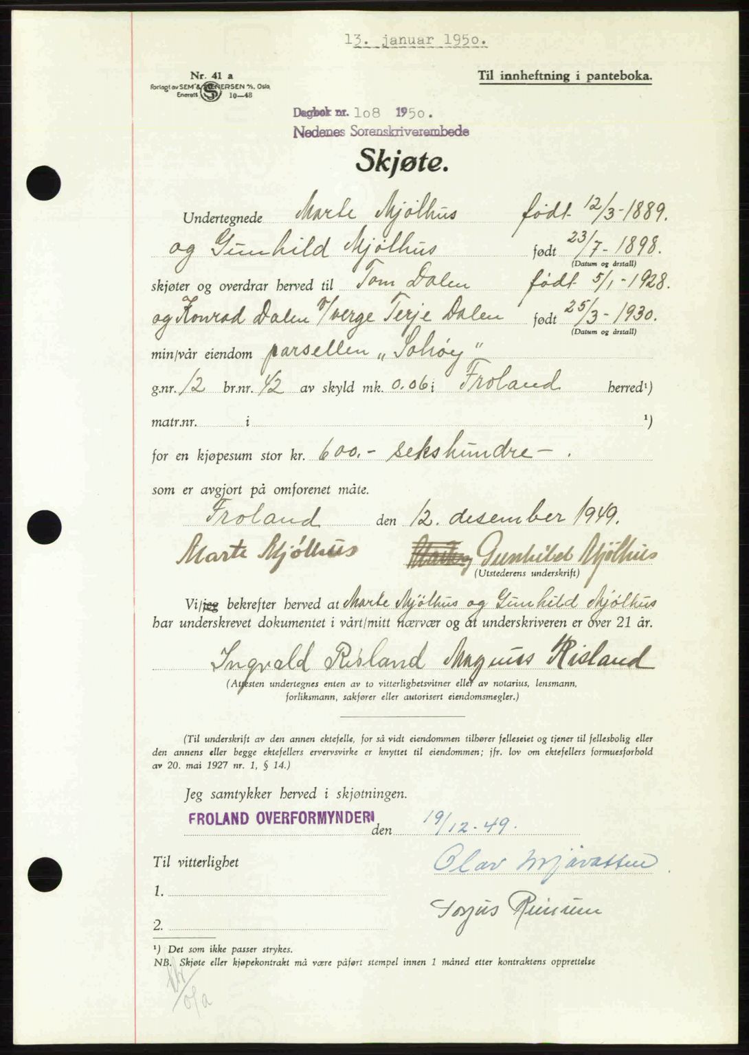 Nedenes sorenskriveri, SAK/1221-0006/G/Gb/Gba/L0062: Pantebok nr. A14, 1949-1950, Dagboknr: 108/1950