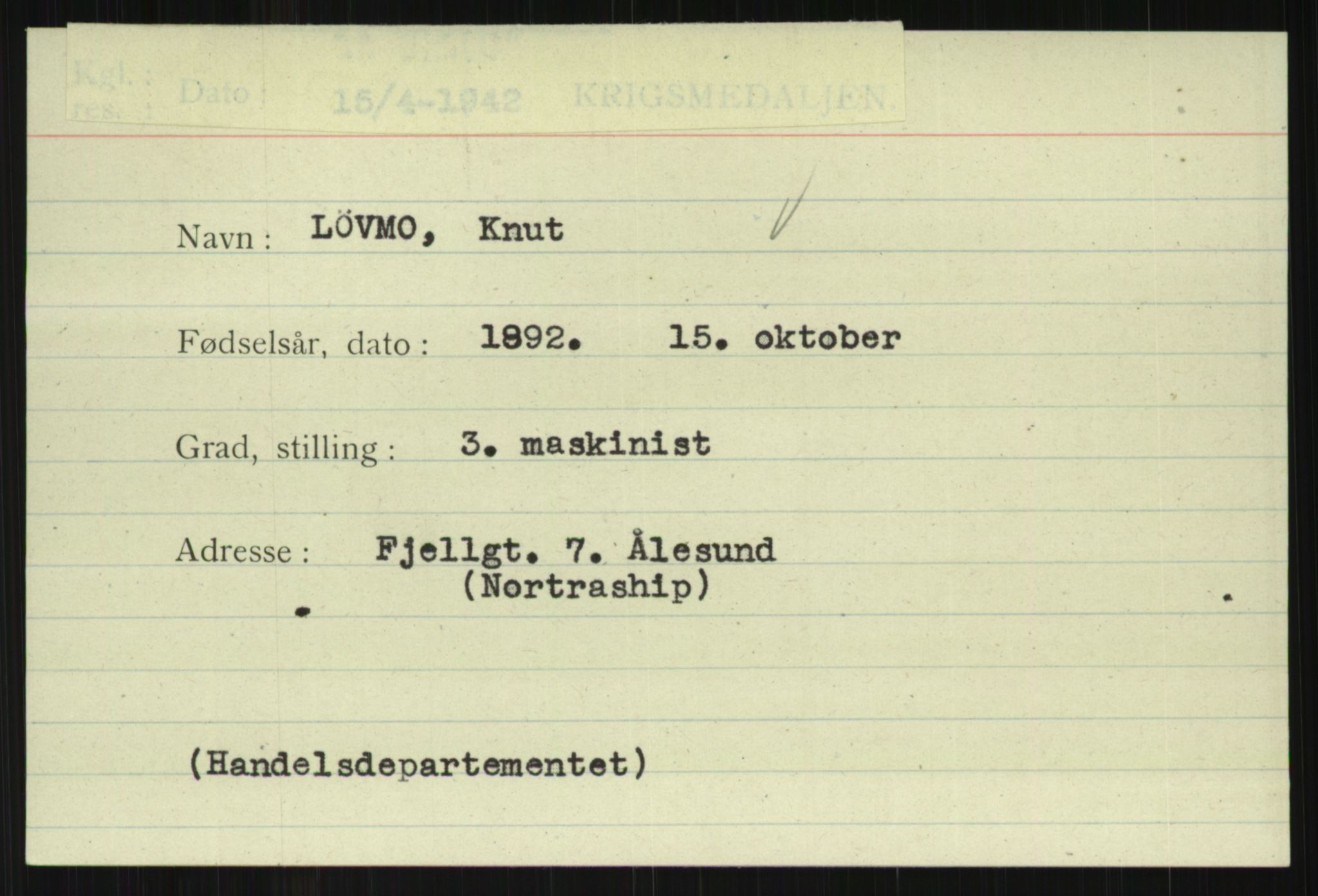 Direktoratet for sjømenn, AV/RA-S-3545/G/Gi/L0007: Kartotek over krigsdekorasjoner tildelt nordmenn under krigen, 1940-1945, s. 1029