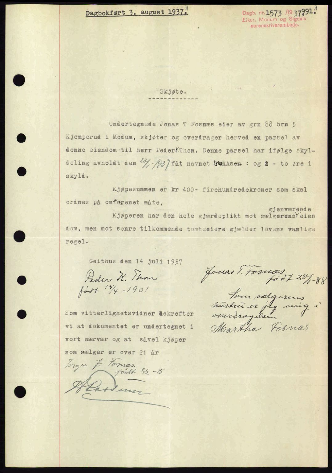 Eiker, Modum og Sigdal sorenskriveri, SAKO/A-123/G/Ga/Gab/L0035: Pantebok nr. A5, 1937-1937, Dagboknr: 1573/1937