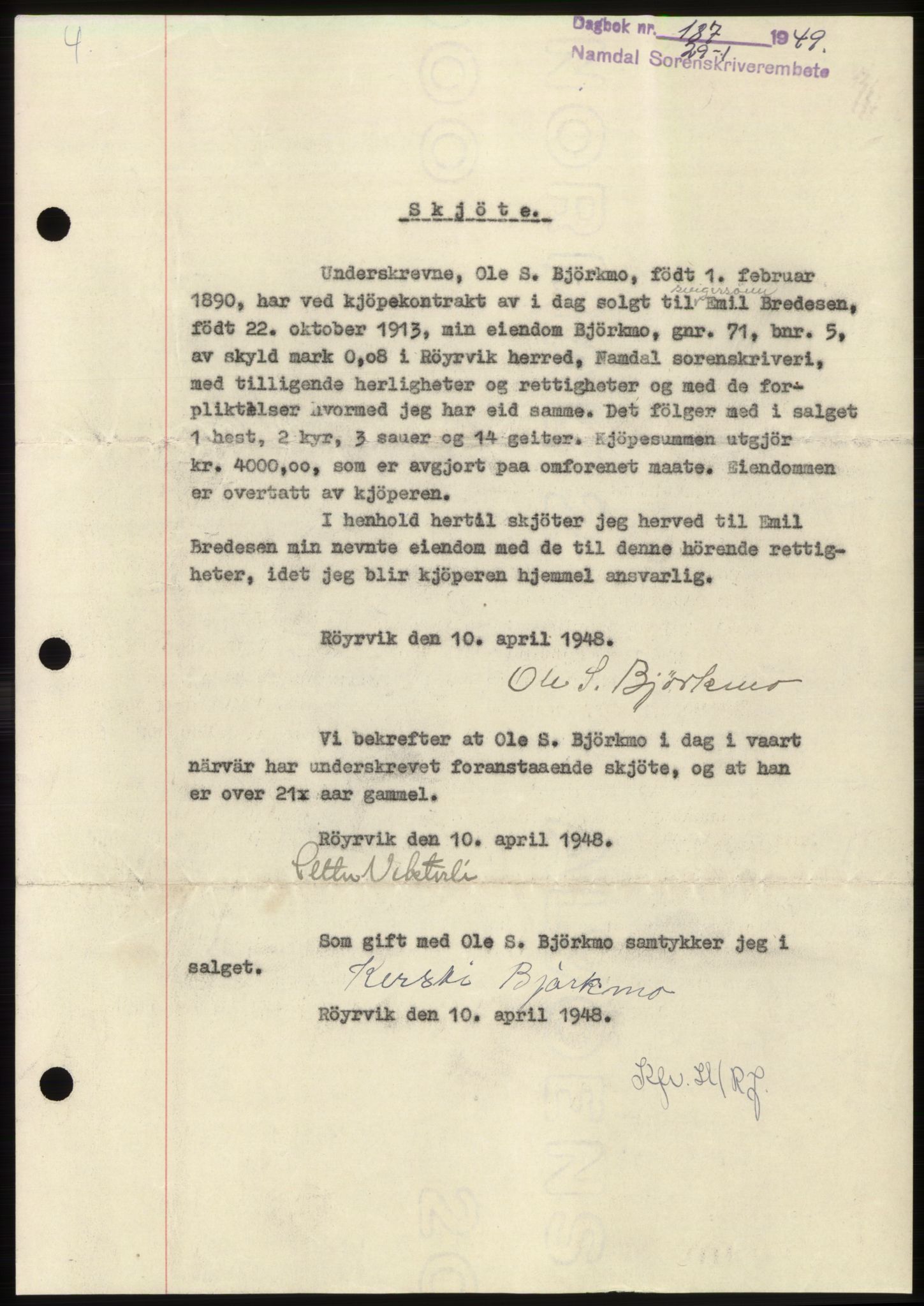 Namdal sorenskriveri, SAT/A-4133/1/2/2C: Pantebok nr. -, 1949-1949, Dagboknr: 187/1949