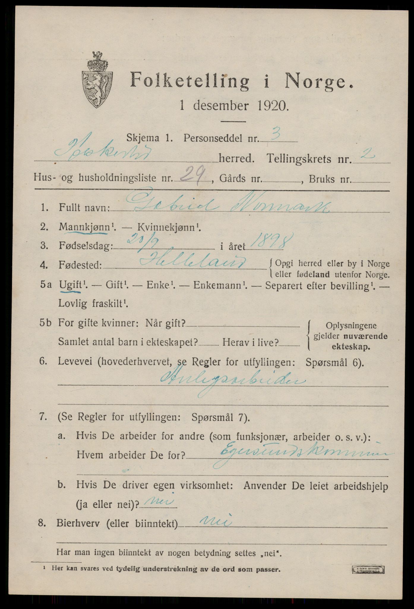 SAST, Folketelling 1920 for 1113 Heskestad herred, 1920, s. 931