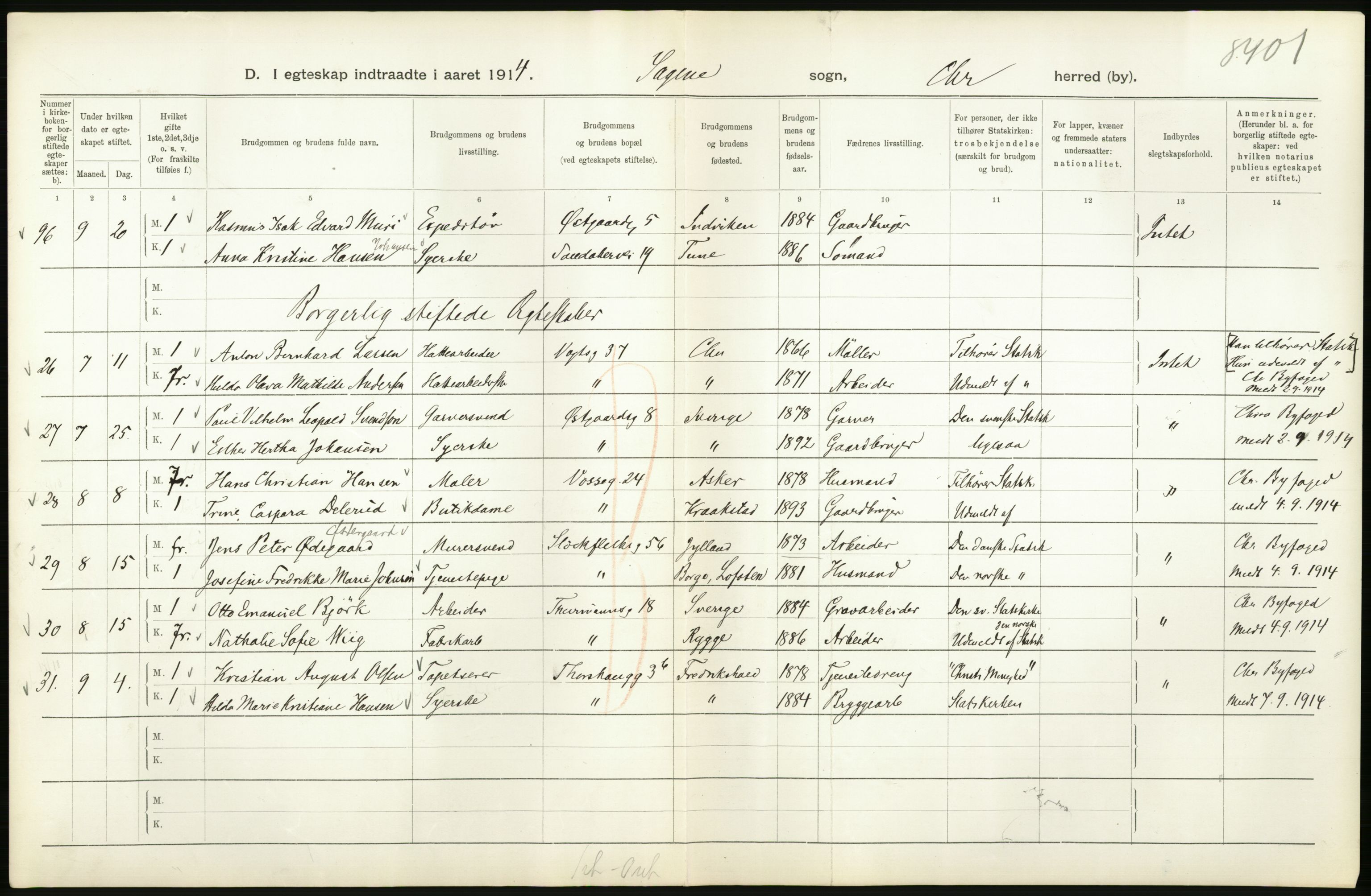 Statistisk sentralbyrå, Sosiodemografiske emner, Befolkning, RA/S-2228/D/Df/Dfb/Dfbd/L0007: Kristiania: Gifte, 1914, s. 188