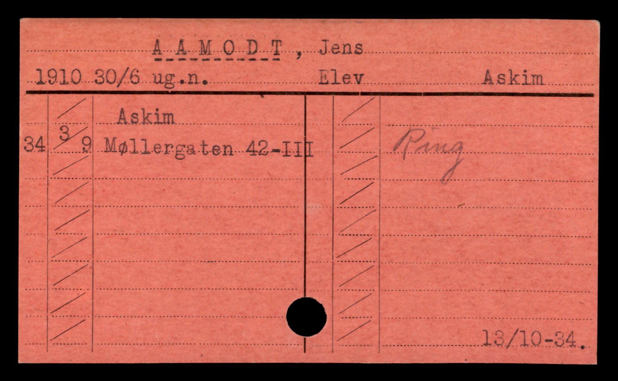 Oslo folkeregister, Registerkort, AV/SAO-A-11715/D/Da/L0100: Menn: Aamodt Jens - Åvik Reidar, 1906-1919