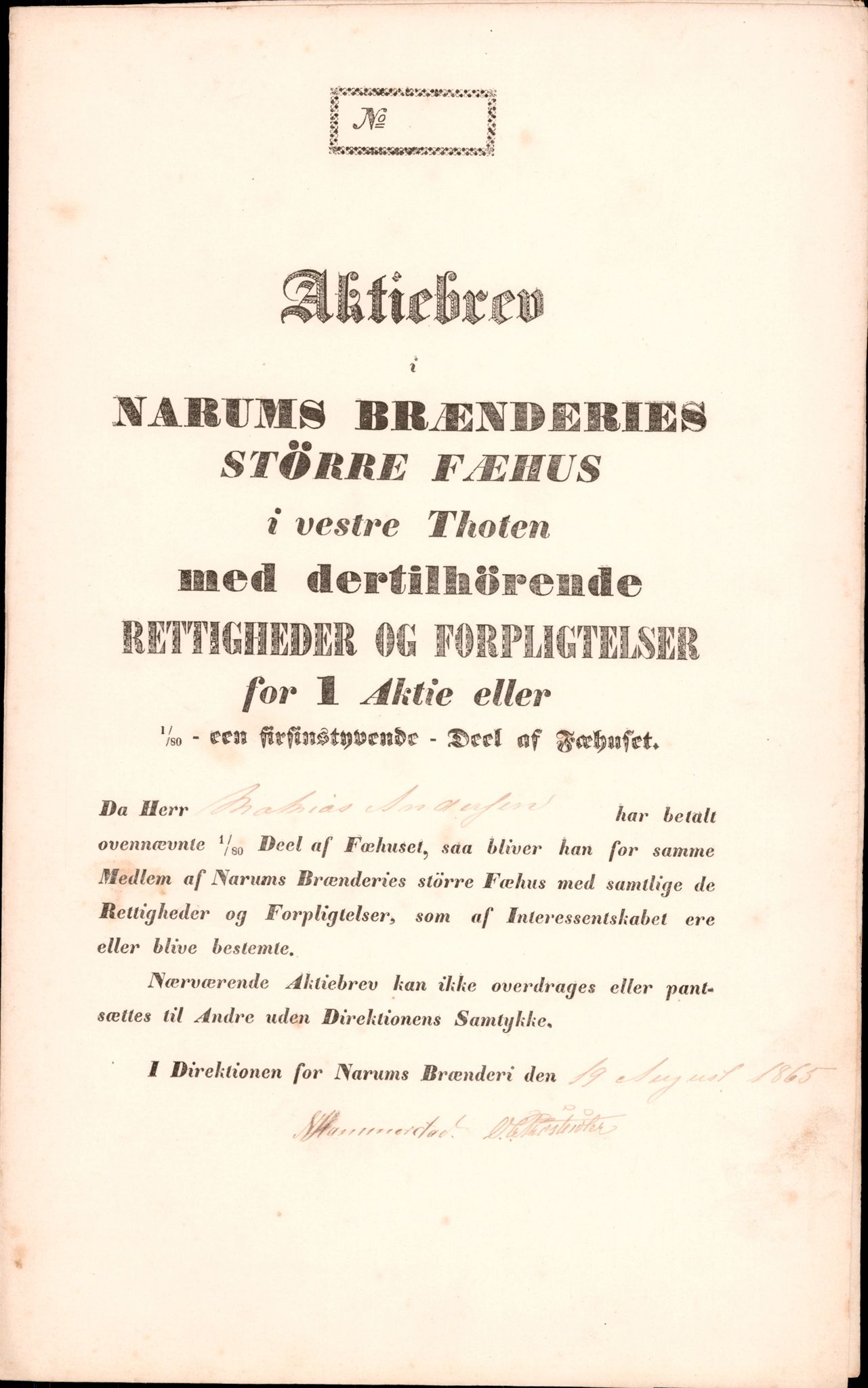 Narum Brenneri, OAMM/T-A-00012/F/0001/0002 / Aksjebrever Mindre og Større Fehus, 1868