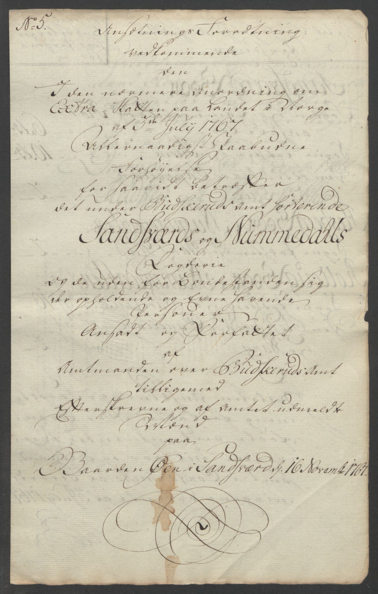 Rentekammeret inntil 1814, Reviderte regnskaper, Fogderegnskap, RA/EA-4092/R24/L1672: Ekstraskatten Numedal og Sandsvær, 1762-1767, s. 345