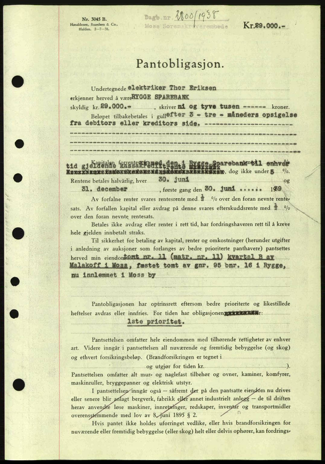Moss sorenskriveri, SAO/A-10168: Pantebok nr. B6, 1938-1938, Dagboknr: 2800/1938