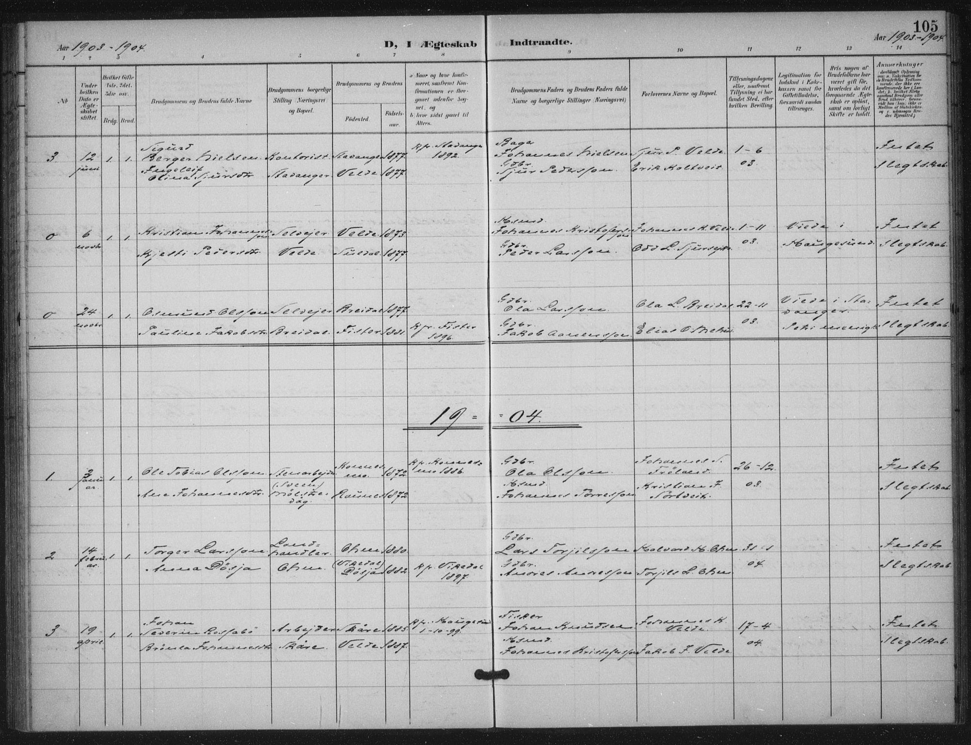 Skjold sokneprestkontor, AV/SAST-A-101847/H/Ha/Haa/L0012: Ministerialbok nr. A 12, 1899-1915, s. 105
