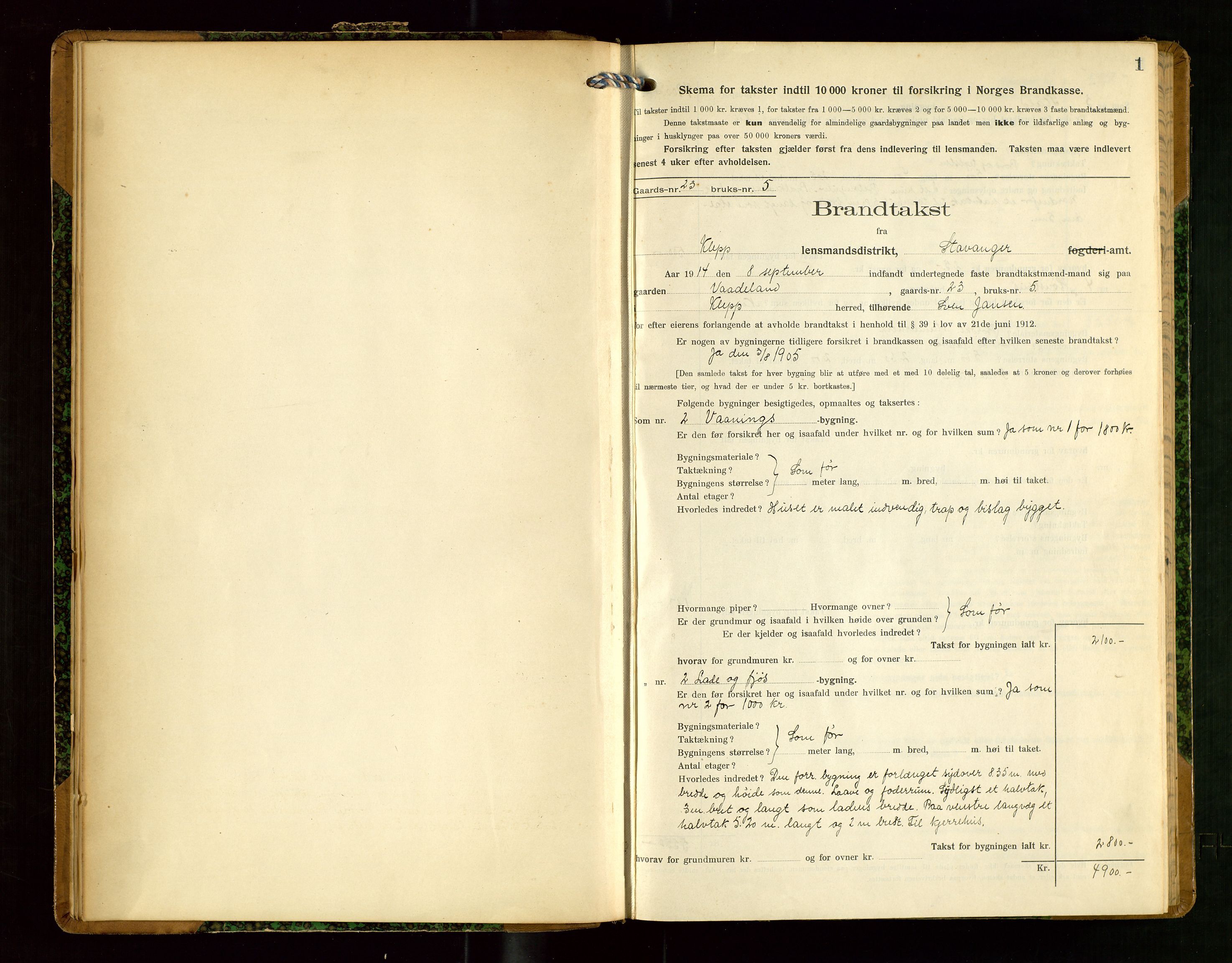 Klepp lensmannskontor, SAST/A-100163/Goc/L0008: "Brandtakstprotokol" m/register, 1914-1917, s. 1