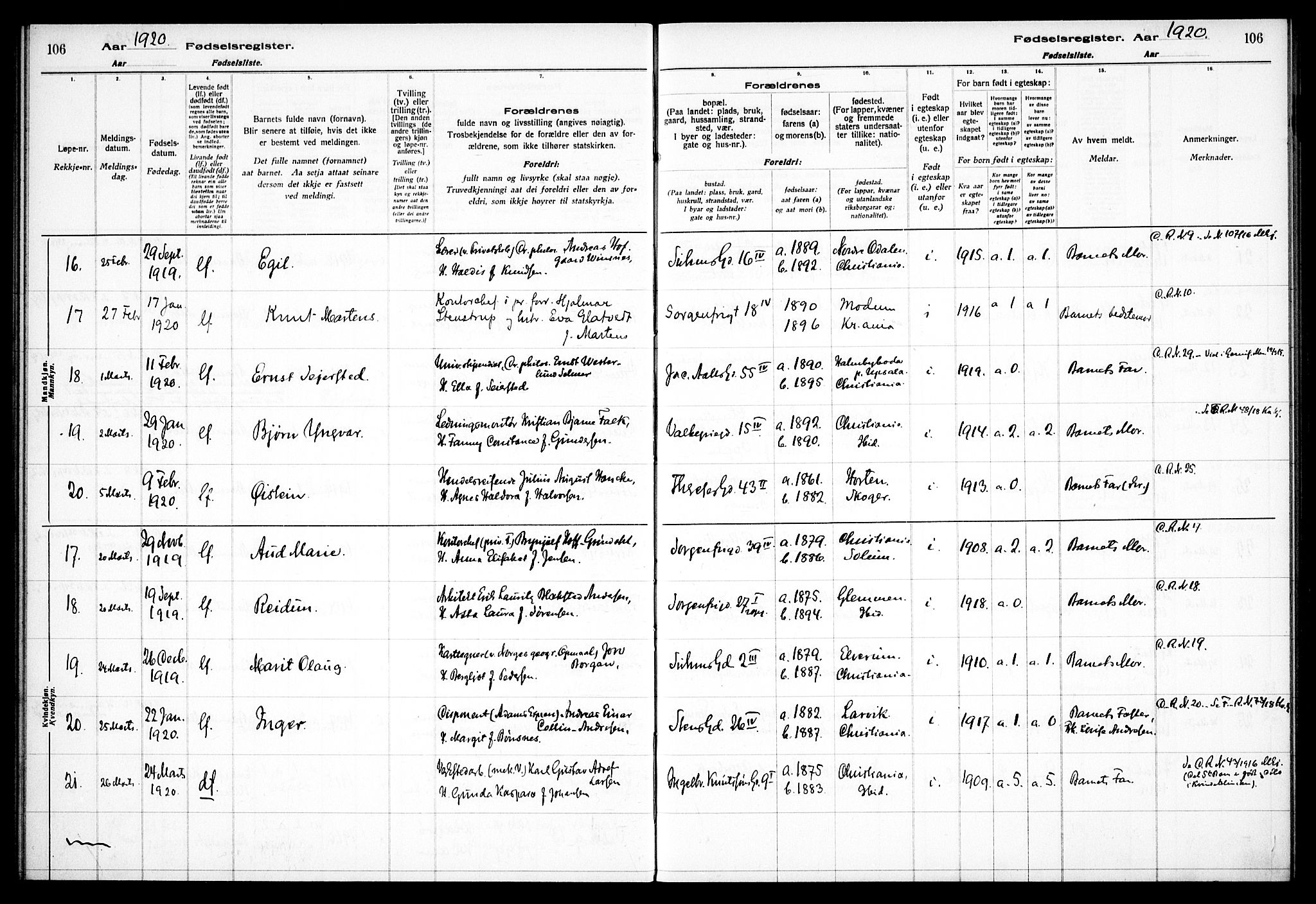 Fagerborg prestekontor Kirkebøker, AV/SAO-A-10844/J/Ja/L0001: Fødselsregister nr. 1, 1916-1925, s. 106