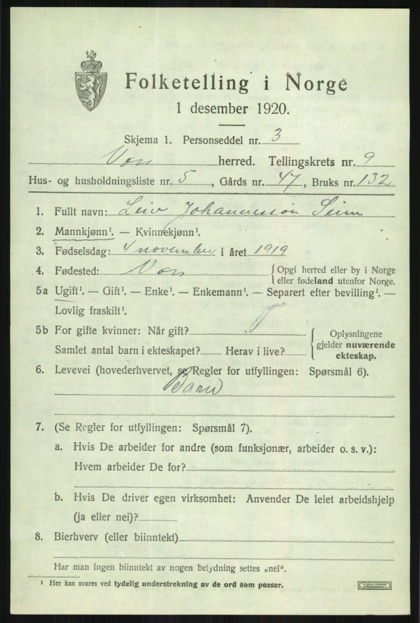 SAB, Folketelling 1920 for 1235 Voss herred, 1920, s. 8673