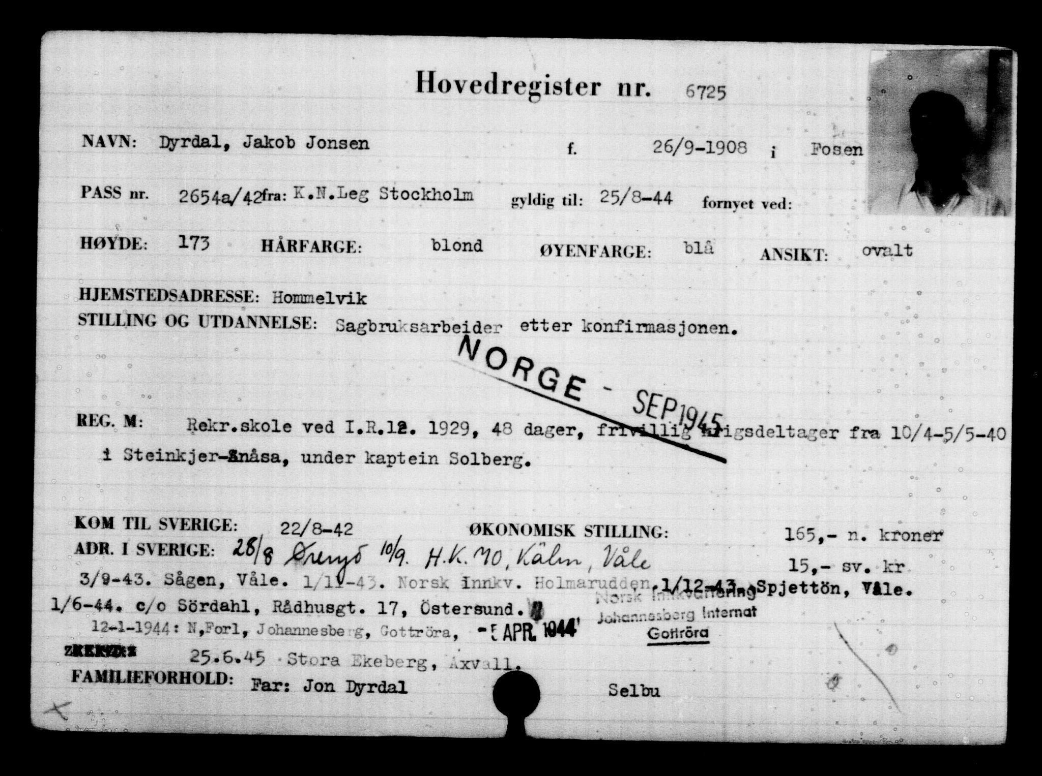 Utenriksstasjonene, Legasjonen i Stockholm, Flyktningkontoret, AV/RA-S-6753/V/Va/L0005: Kjesäterkartoteket, flyktning nr. 6600-9417, 1940-1945, s. 156