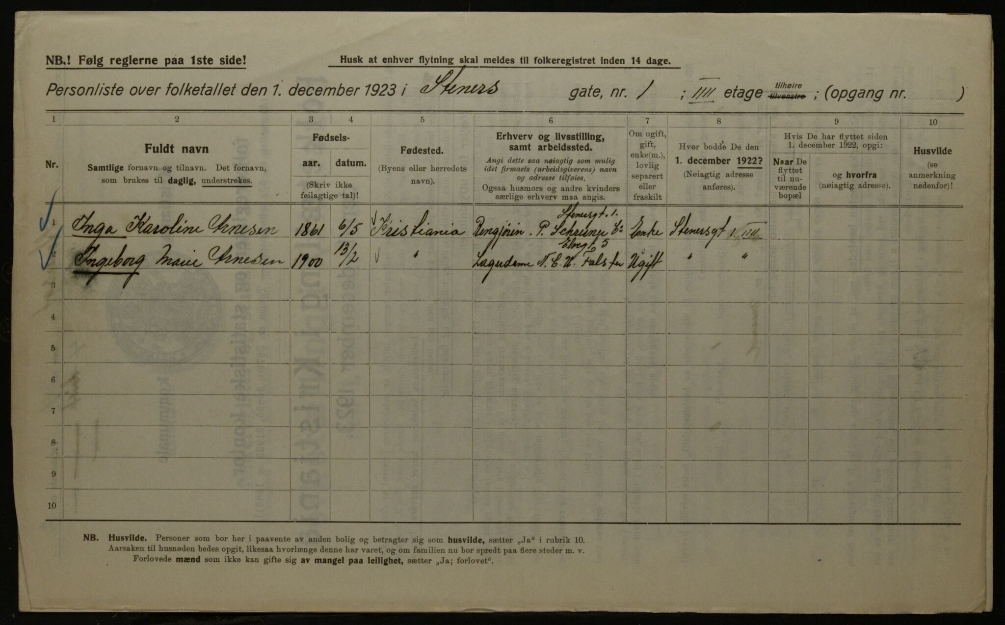 OBA, Kommunal folketelling 1.12.1923 for Kristiania, 1923, s. 112017