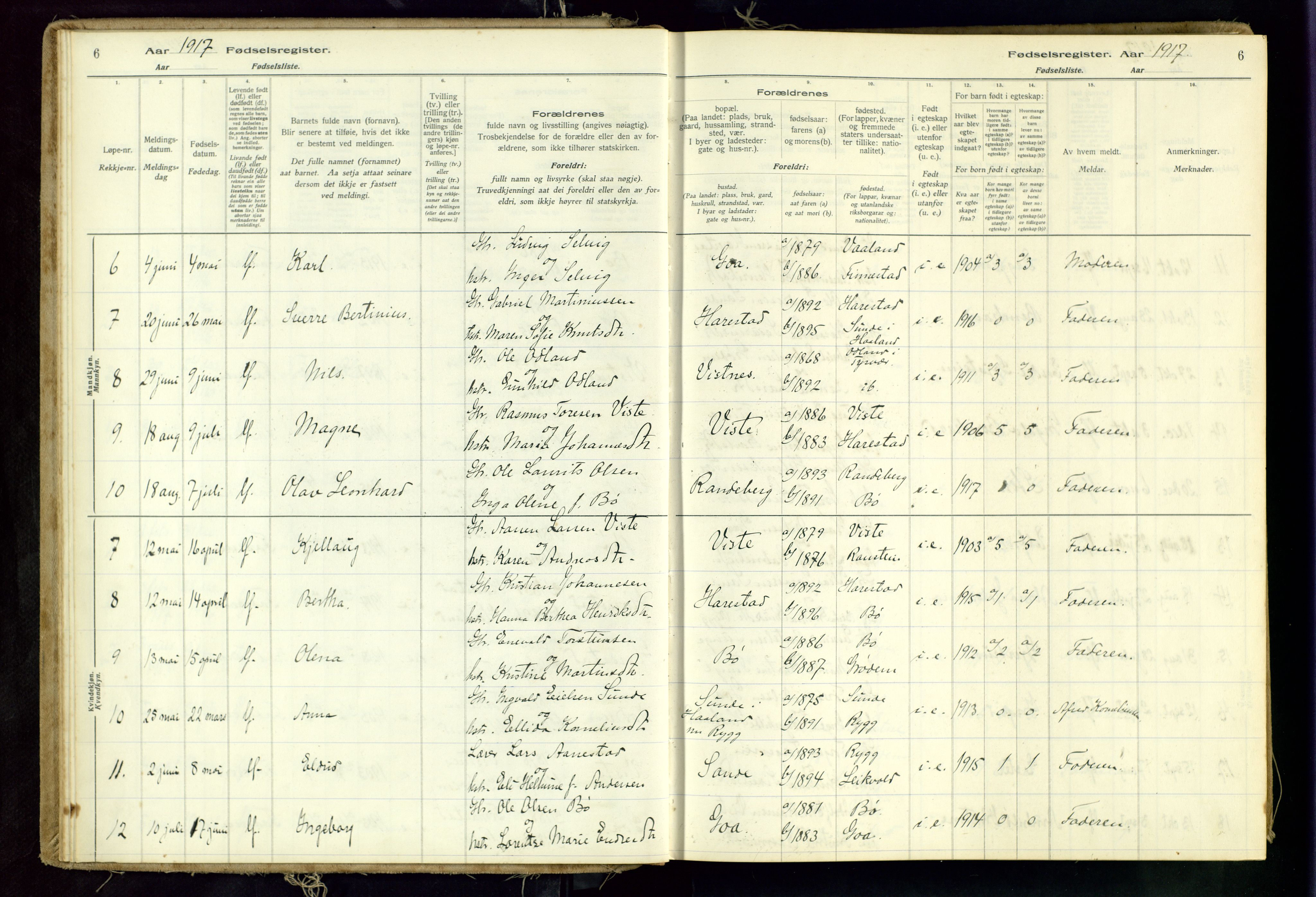 Hetland sokneprestkontor, AV/SAST-A-101826/70/704BA/L0001: Fødselsregister nr. 1, 1916-1954, s. 6