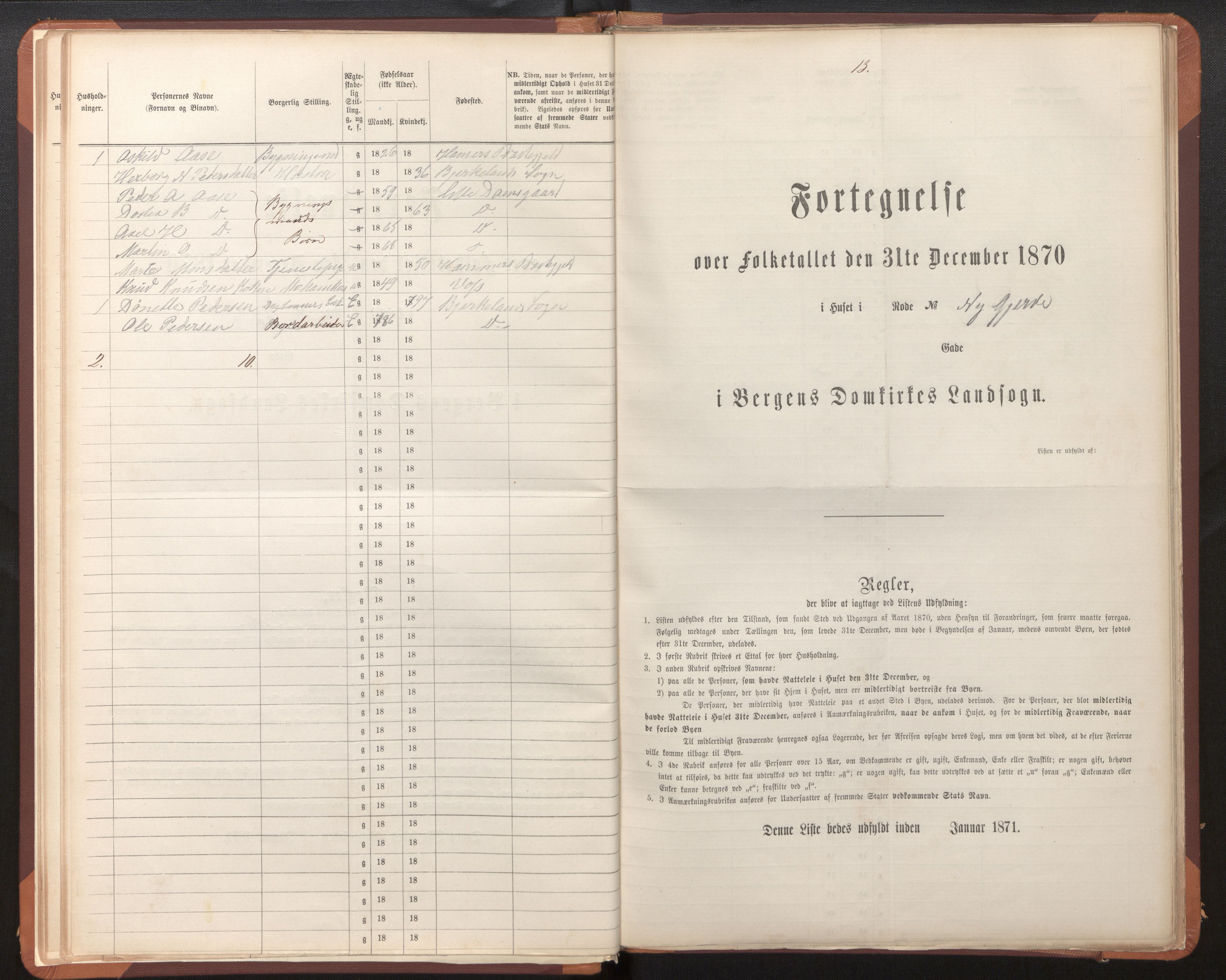 SAB, Folketelling 1870 for Bergen Landdistrikt, Domkirkens landsokn, 1870, s. 13