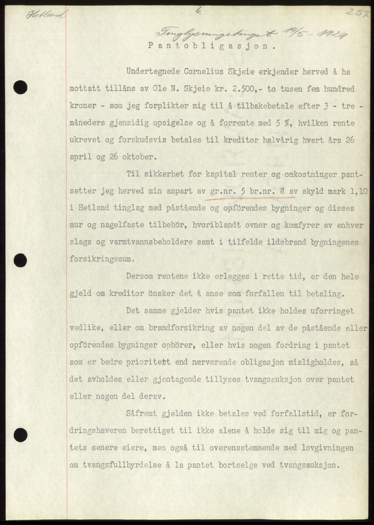 Jæren sorenskriveri, SAST/A-100310/03/G/Gba/L0056: Pantebok nr. 49, 1929-1929, Tingl.dato: 14.05.1929