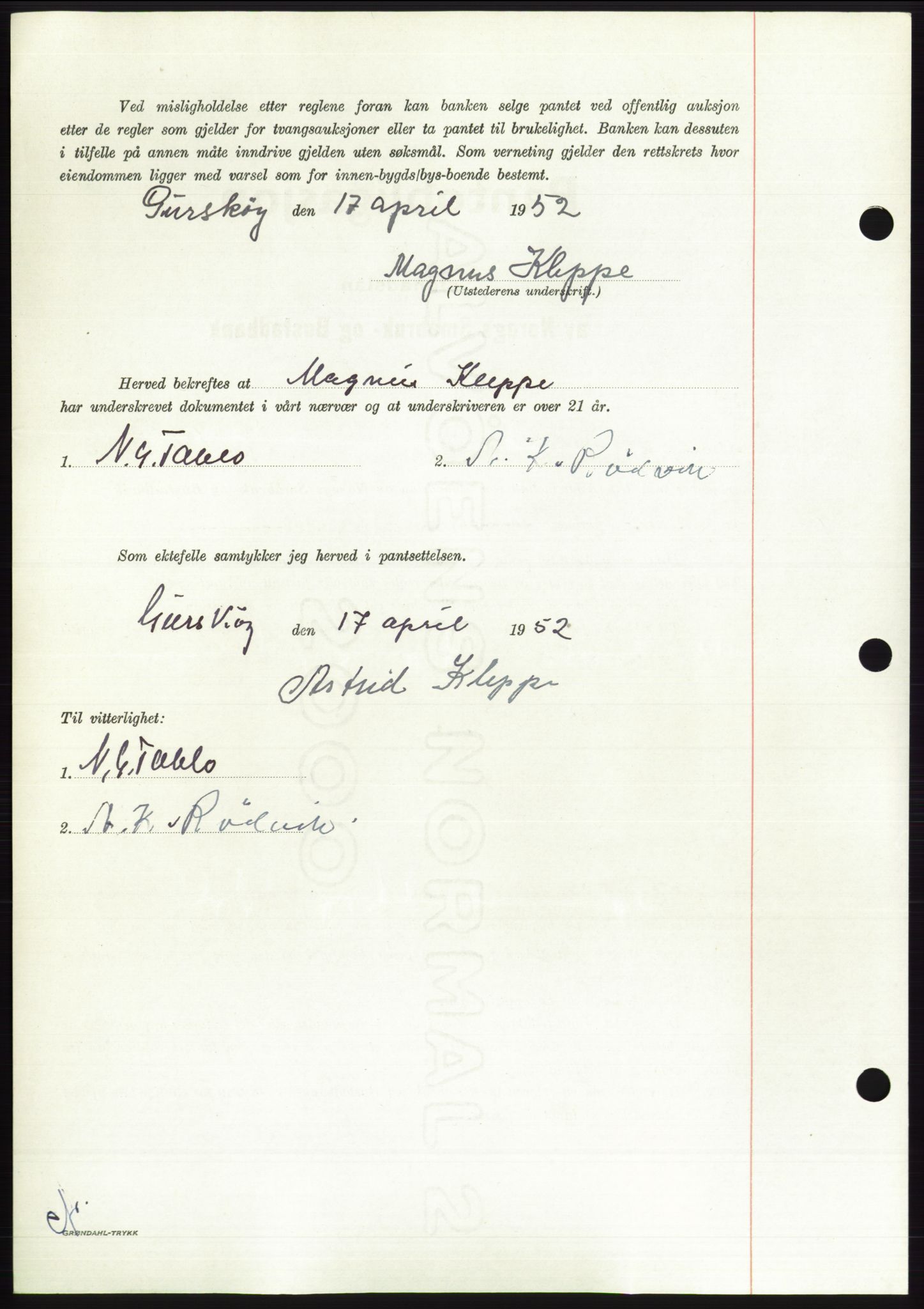 Søre Sunnmøre sorenskriveri, AV/SAT-A-4122/1/2/2C/L0121: Pantebok nr. 9B, 1951-1952, Dagboknr: 794/1952