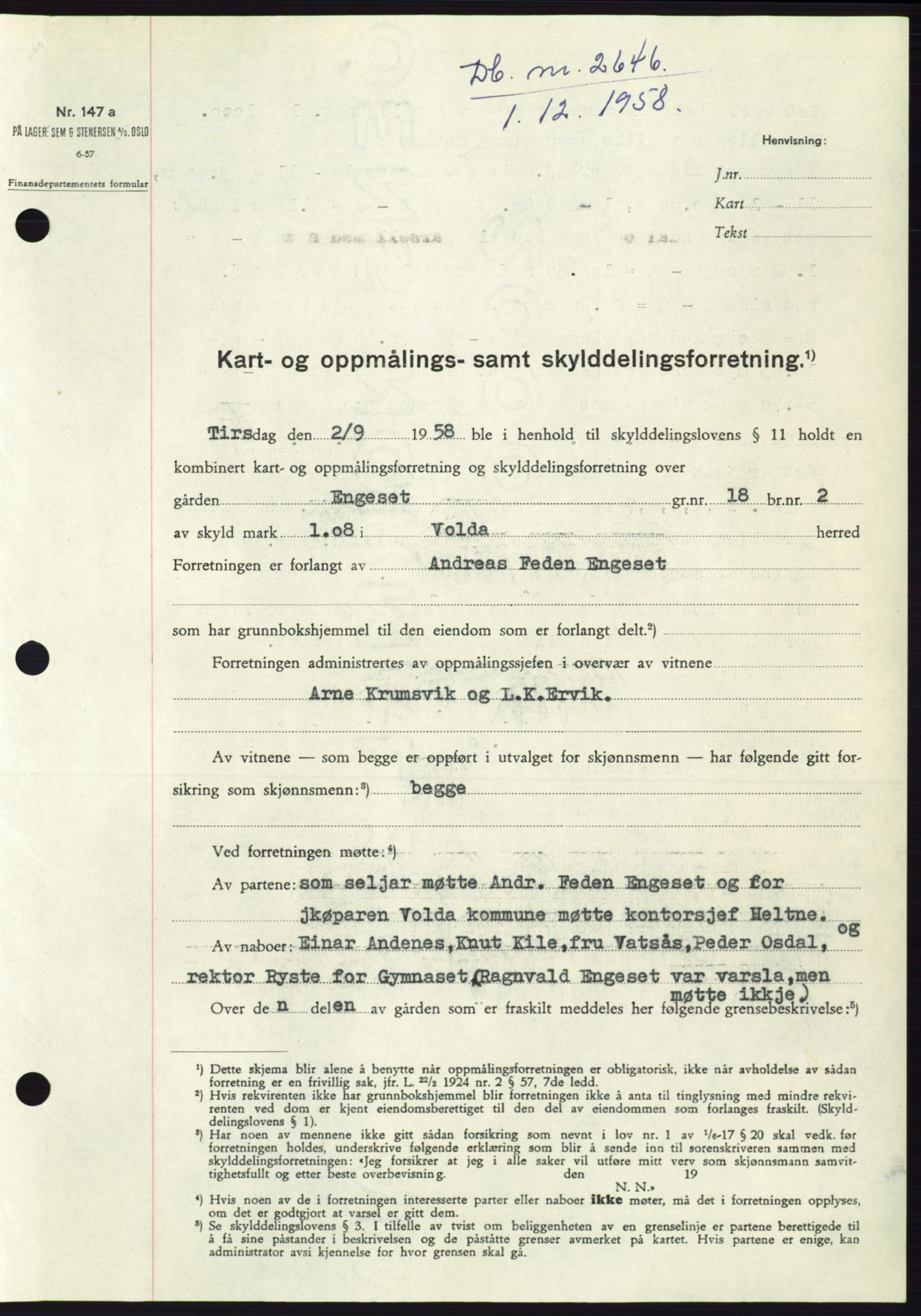 Søre Sunnmøre sorenskriveri, SAT/A-4122/1/2/2C/L0111: Pantebok nr. 37A, 1958-1959, Dagboknr: 2646/1958