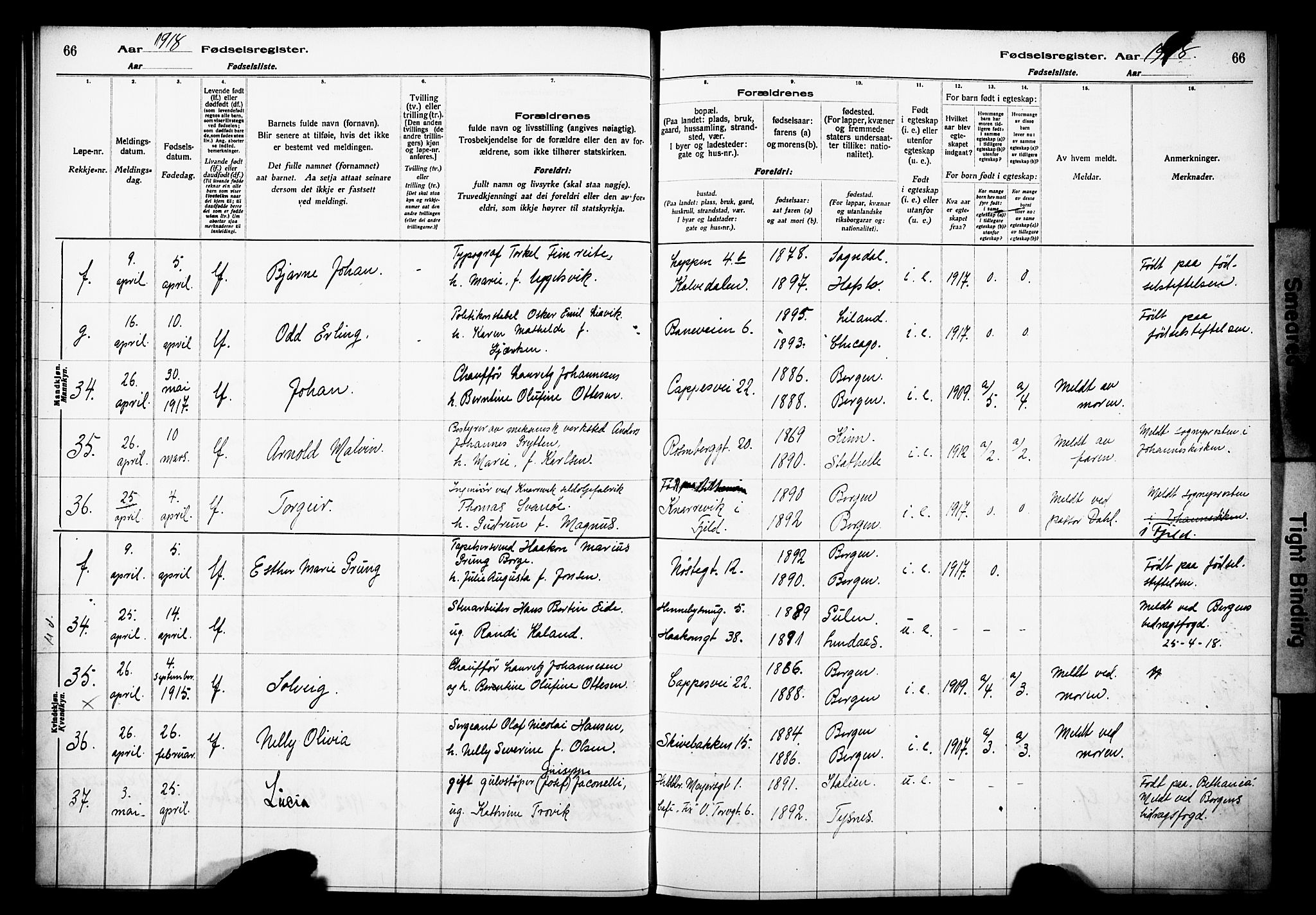 Domkirken sokneprestembete, AV/SAB-A-74801/I/Id/L00A1: Fødselsregister nr. A 1, 1916-1923, s. 66