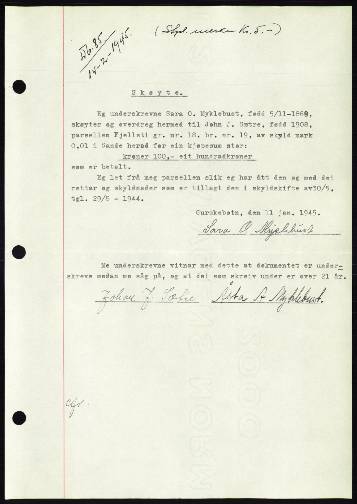 Søre Sunnmøre sorenskriveri, SAT/A-4122/1/2/2C/L0077: Pantebok nr. 3A, 1945-1946, Dagboknr: 85/1945