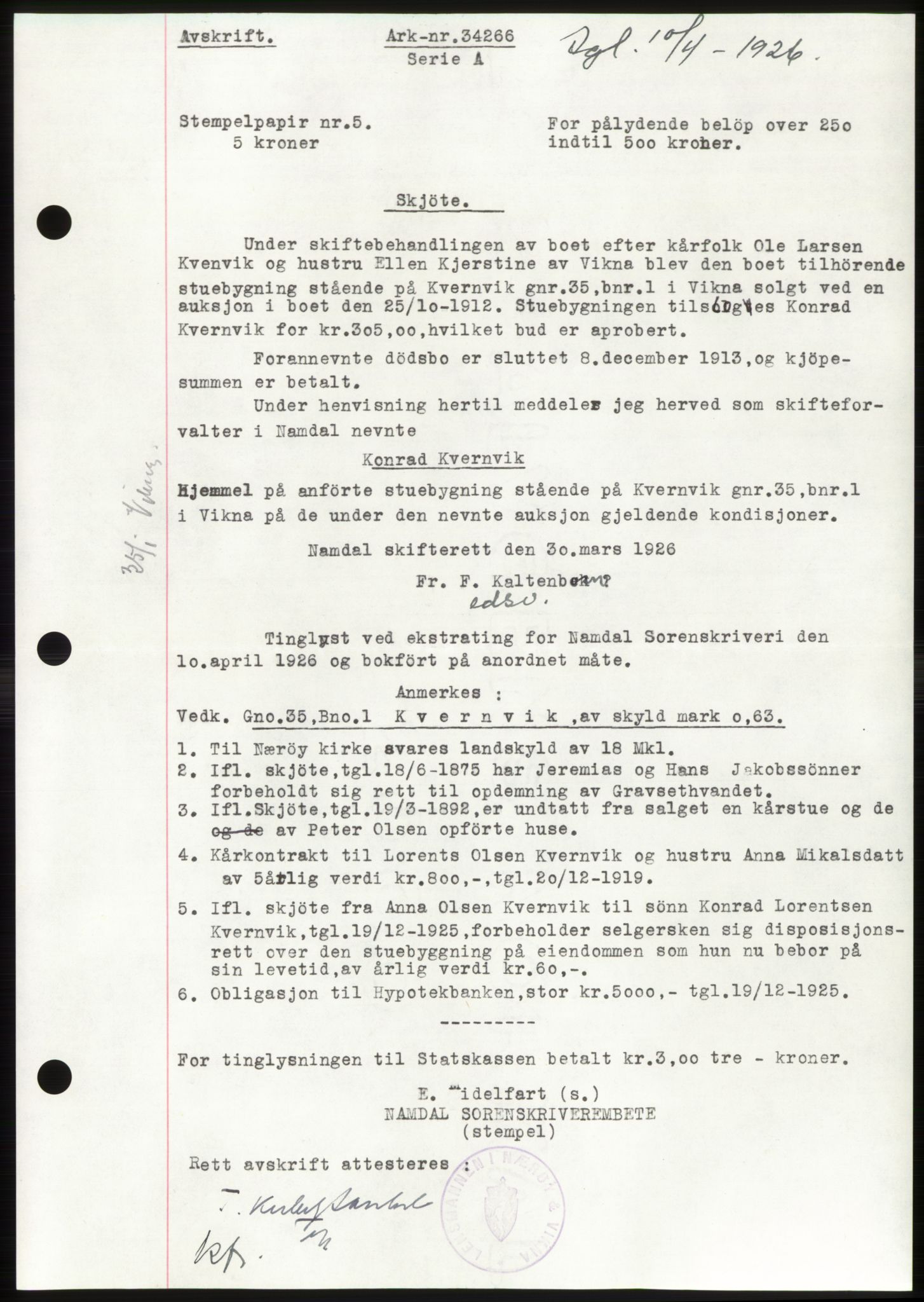Namdal sorenskriveri, SAT/A-4133/1/2/2C: Pantebok nr. -, 1926-1930, Tingl.dato: 10.04.1926