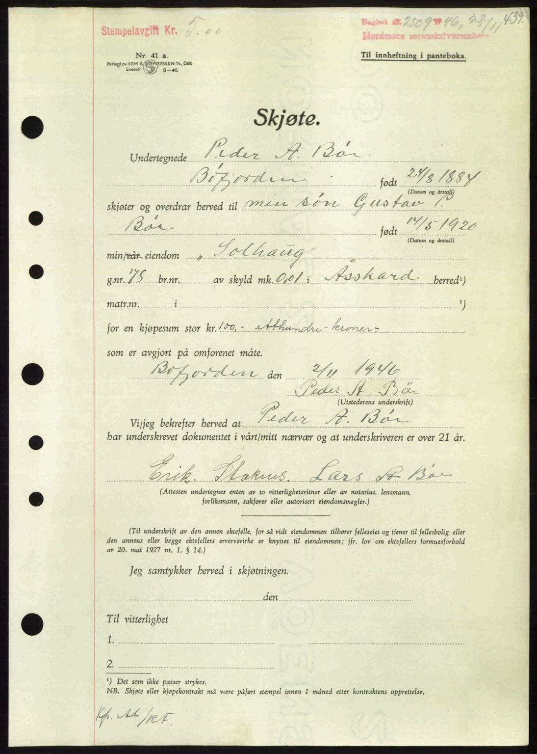 Nordmøre sorenskriveri, AV/SAT-A-4132/1/2/2Ca: Pantebok nr. A103, 1946-1947, Dagboknr: 2509/1946