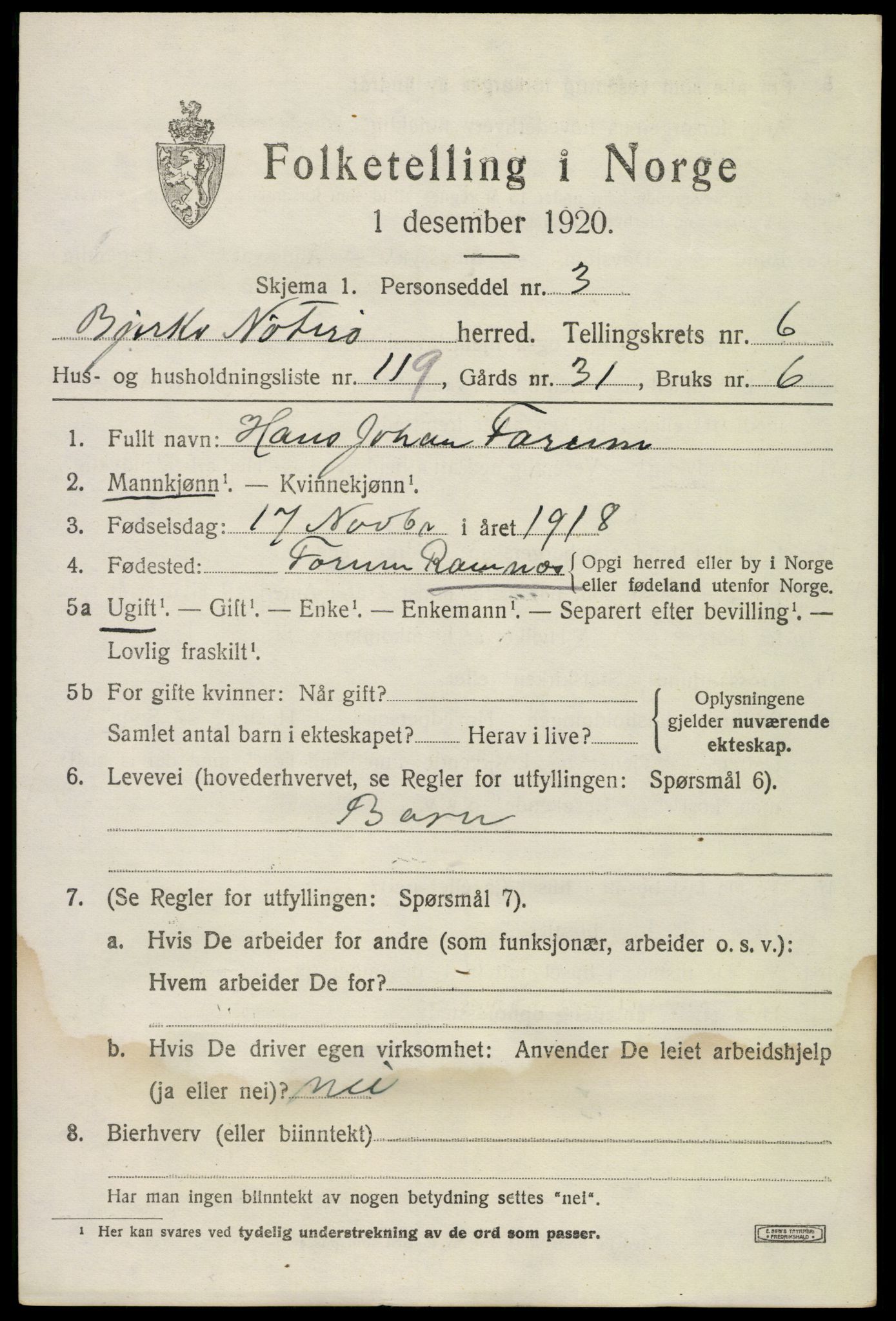 SAKO, Folketelling 1920 for 0722 Nøtterøy herred, 1920, s. 9437