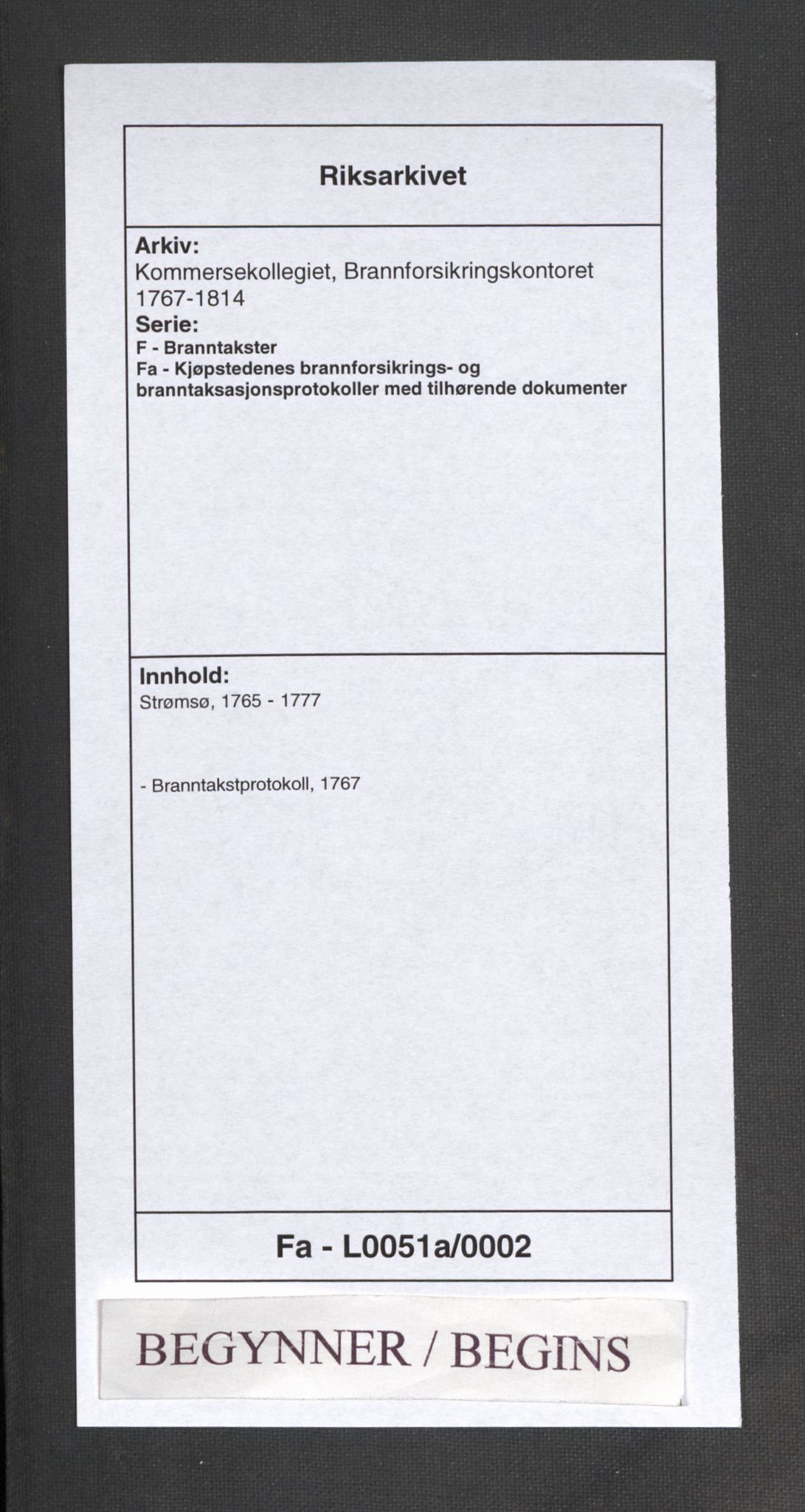 Kommersekollegiet, Brannforsikringskontoret 1767-1814, RA/EA-5458/F/Fa/L0051a/0002: Strømsø / Branntakstprotokoll, 1767