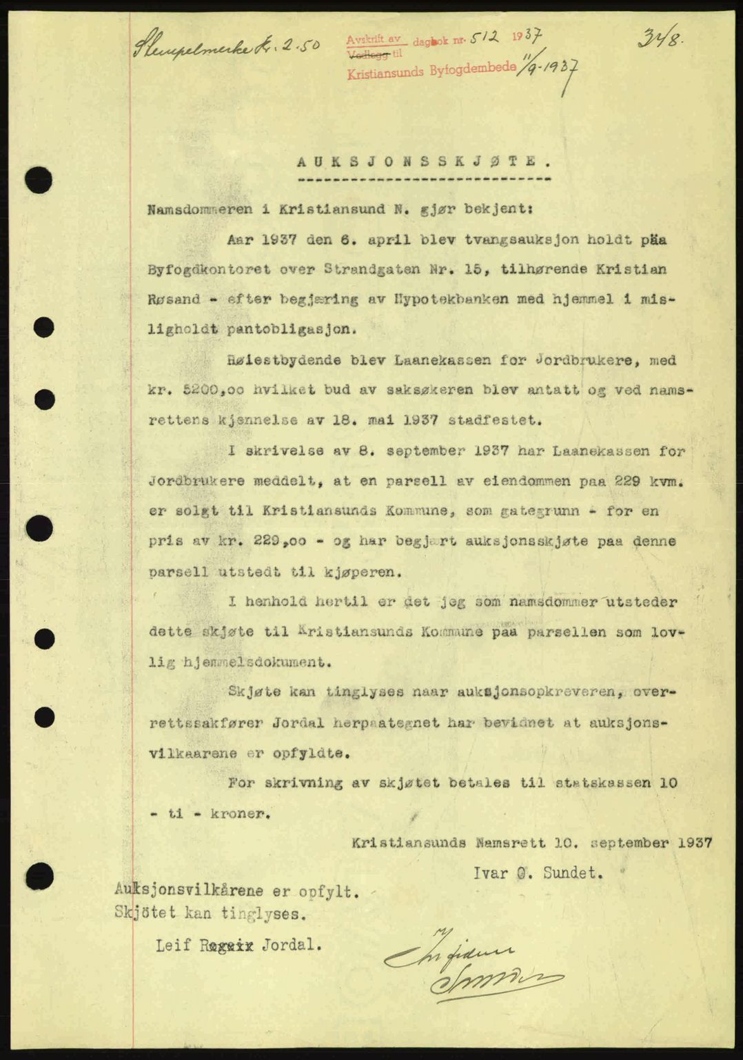 Kristiansund byfogd, AV/SAT-A-4587/A/27: Pantebok nr. 30, 1936-1941, Dagboknr: 512/1937