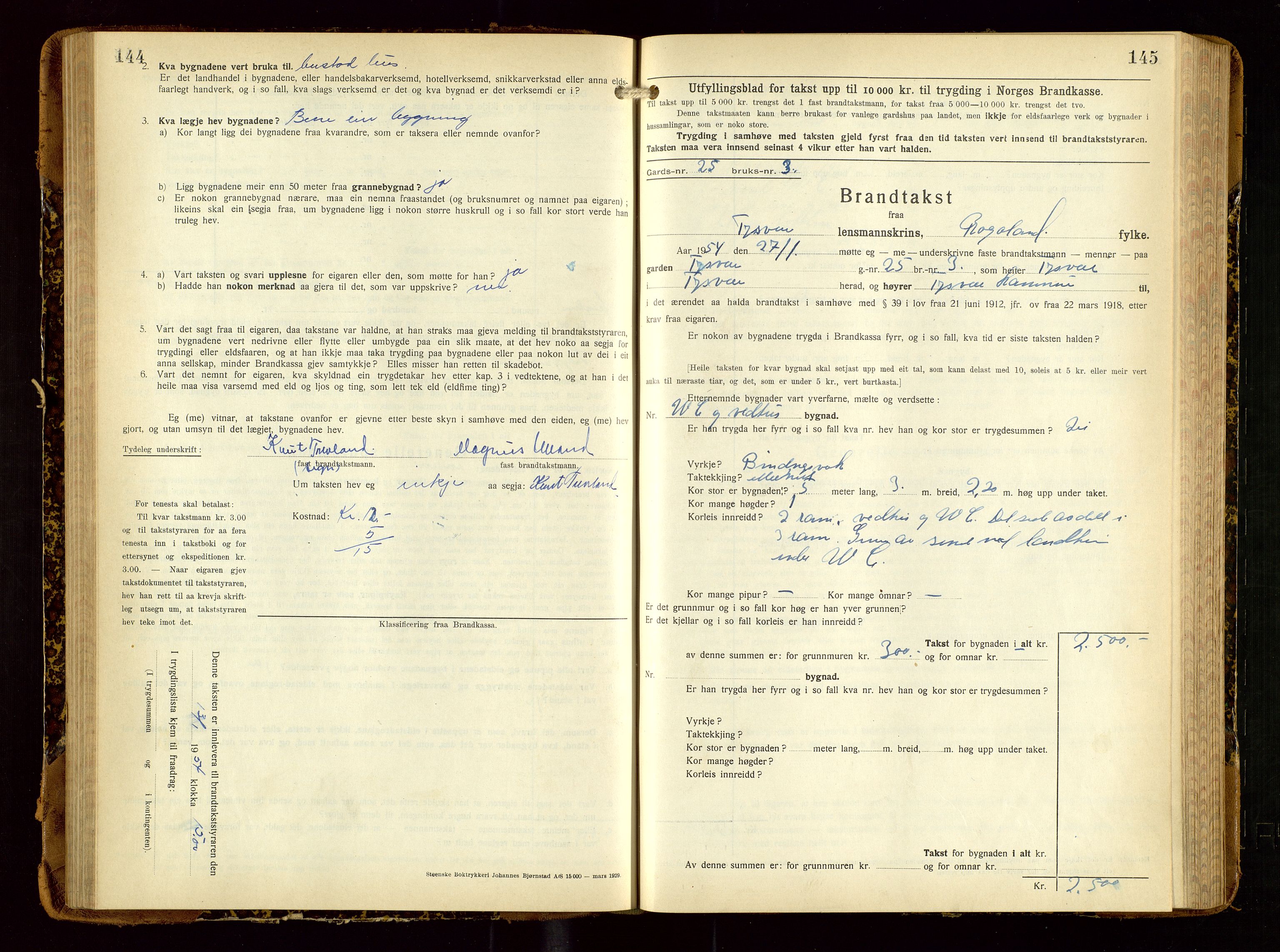 Tysvær lensmannskontor, AV/SAST-A-100192/Gob/L0003: "Brandtakstbok for Tysvær lensmannskrins", 1932-1955, s. 144-145