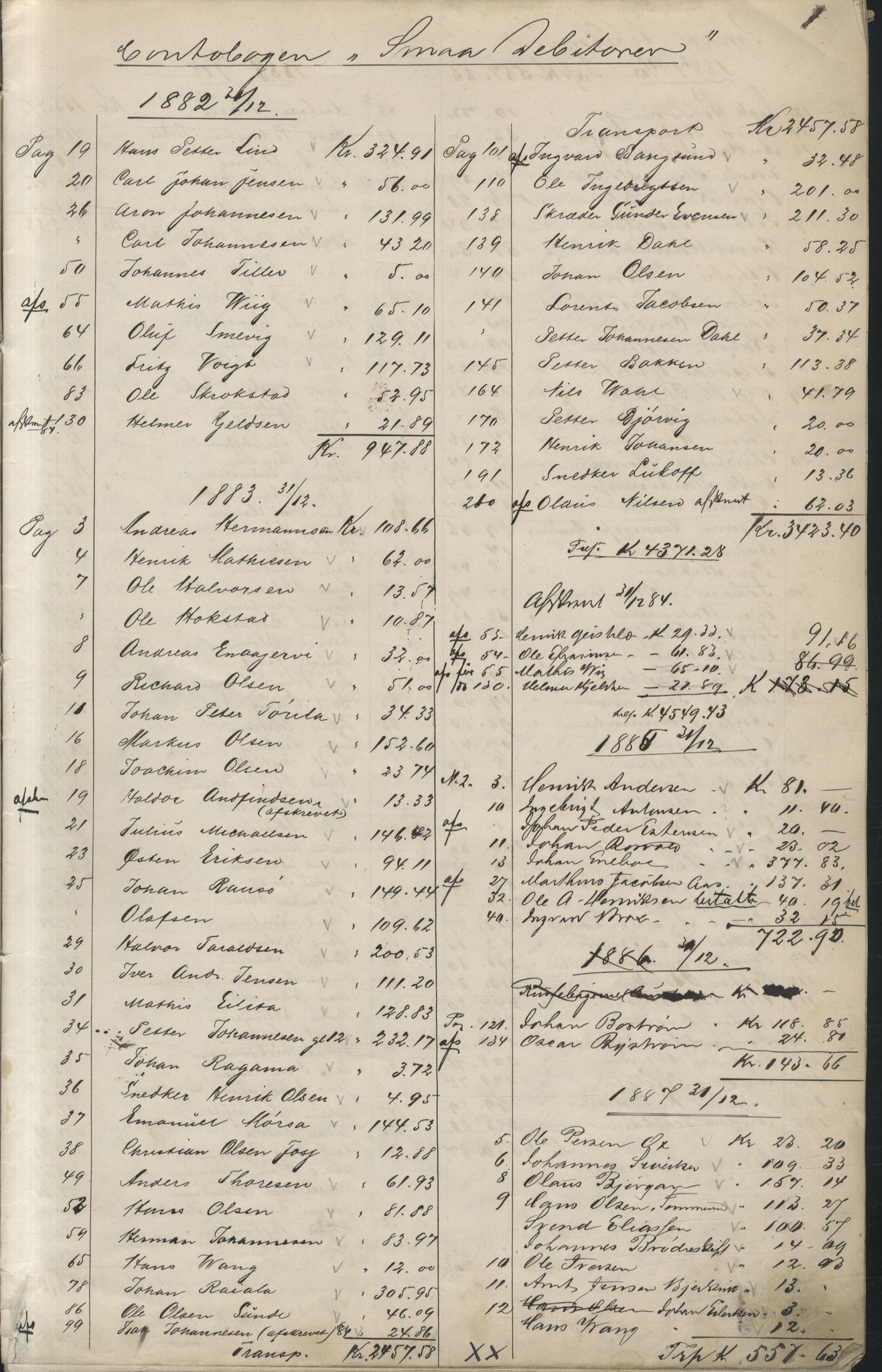 Brodtkorb handel A/S, VAMU/A-0001/R/Rc/L0002/0001: Journalføring / Fortegnelse over Udestaaende Fordringer, 1882-1894