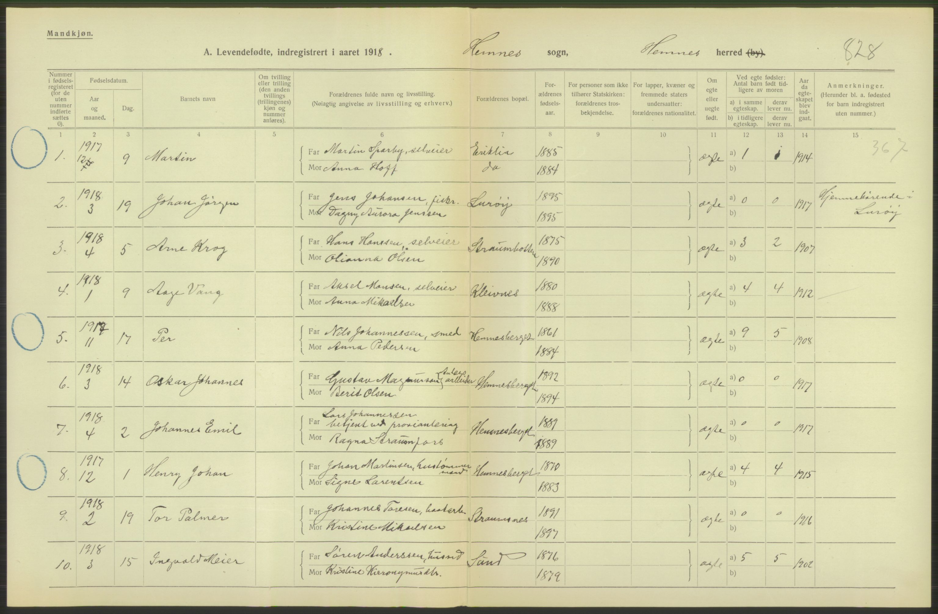 Statistisk sentralbyrå, Sosiodemografiske emner, Befolkning, AV/RA-S-2228/D/Df/Dfb/Dfbh/L0052: Nordland fylke: Levendefødte menn og kvinner. Bygder., 1918, s. 124