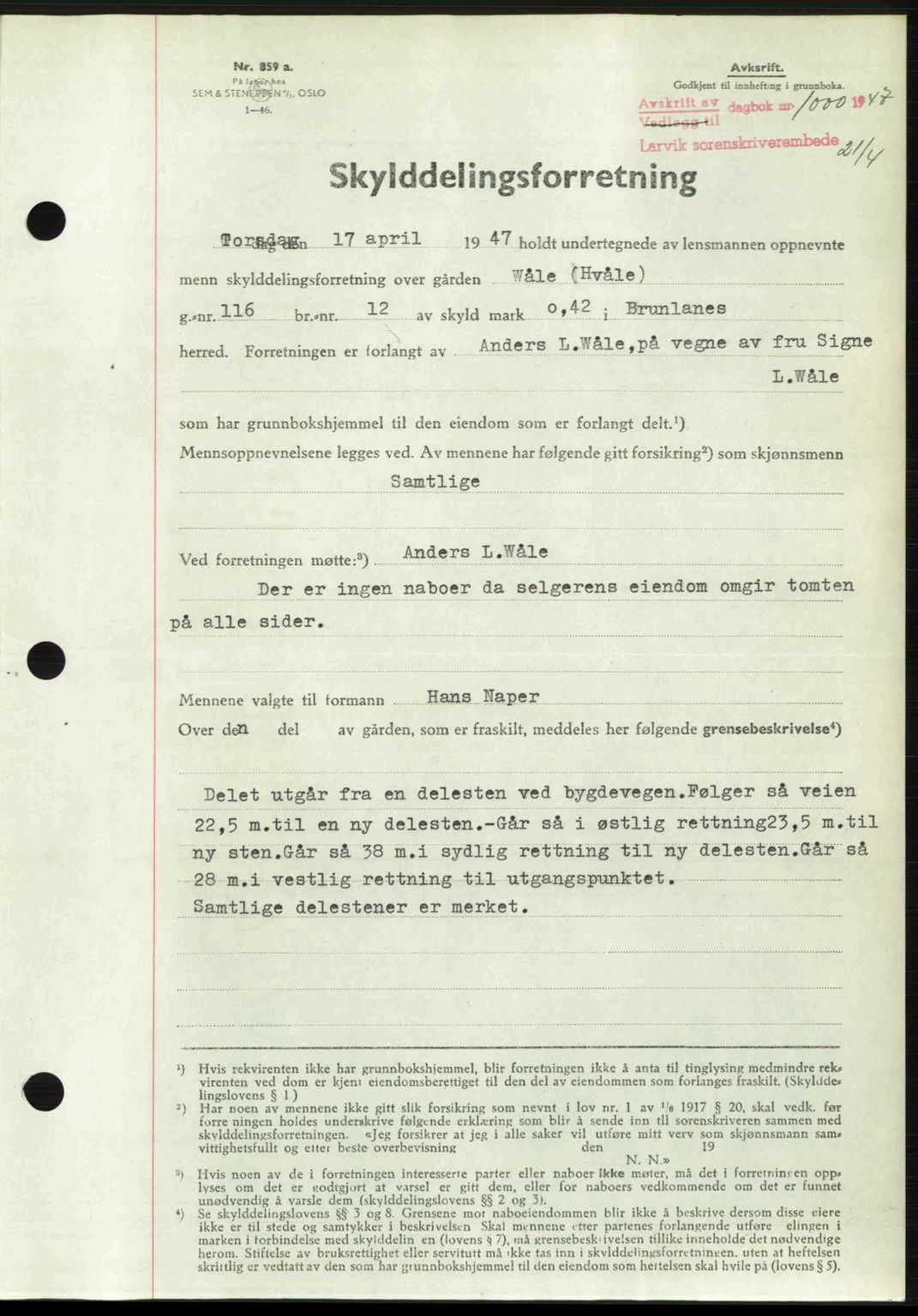 Larvik sorenskriveri, SAKO/A-83/G/Ga/Gab/L0083: Pantebok nr. A-17, 1946-1947, Dagboknr: 1000/1947