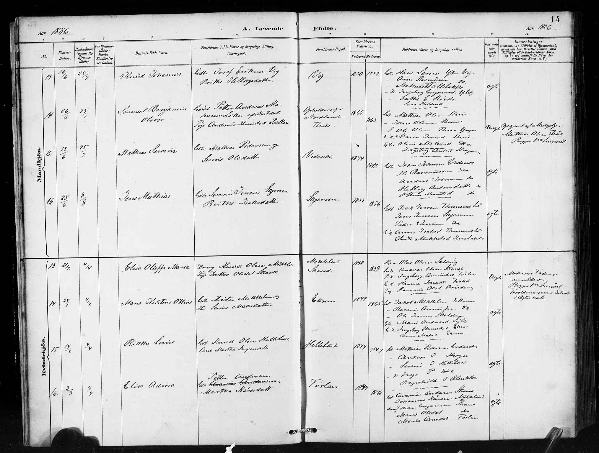 Ministerialprotokoller, klokkerbøker og fødselsregistre - Møre og Romsdal, SAT/A-1454/501/L0008: Ministerialbok nr. 501A08, 1885-1901, s. 14