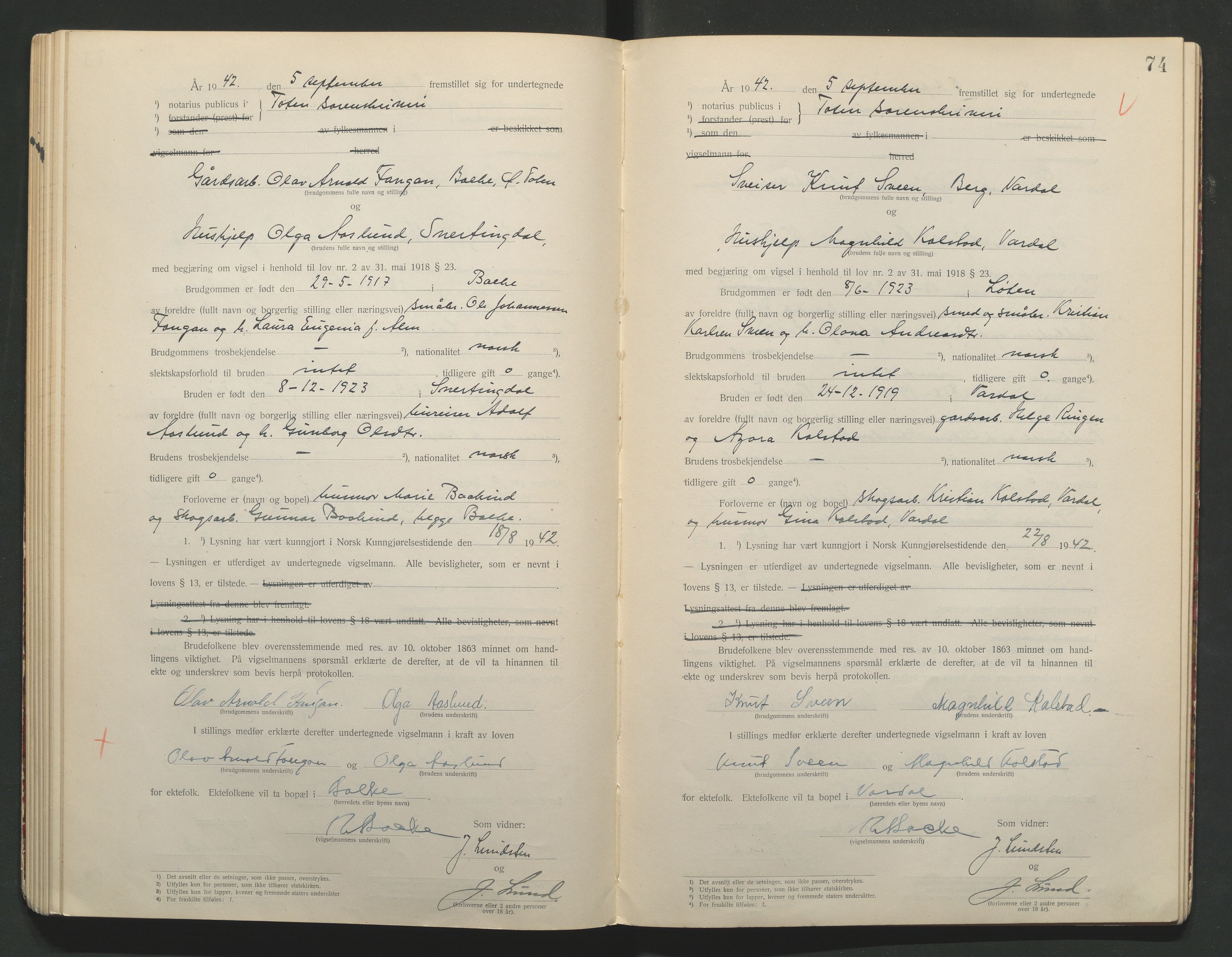 Toten tingrett, AV/SAH-TING-006/L/Lc/L0001: Vigselbok, 1920-1942, s. 74