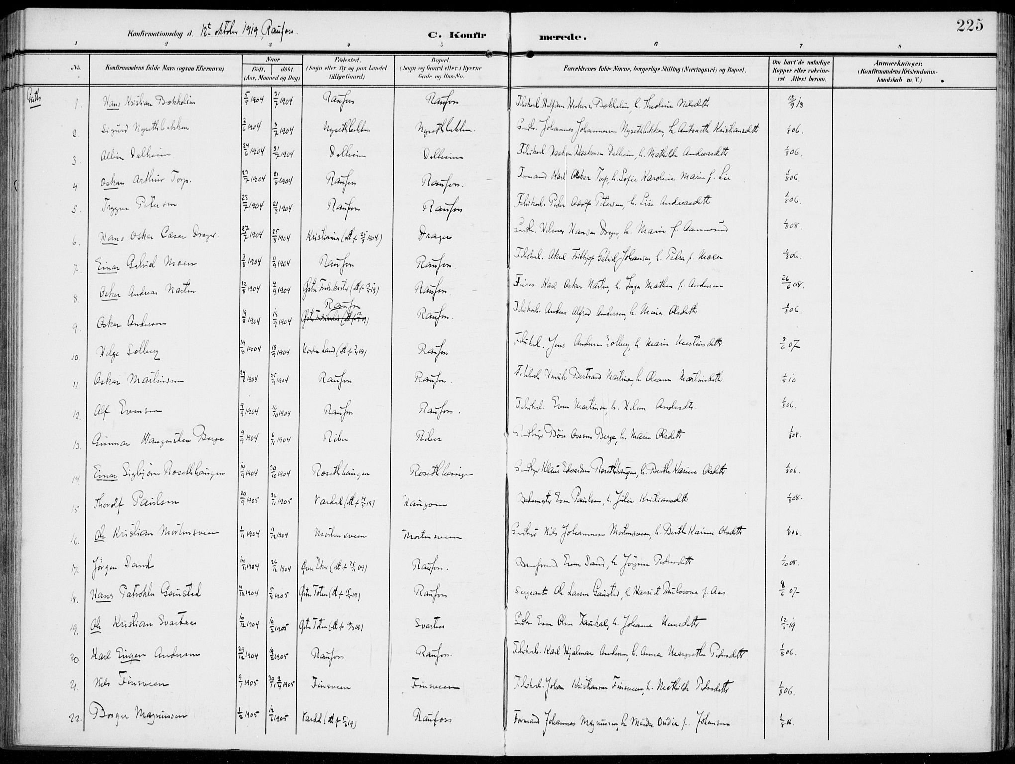 Vestre Toten prestekontor, AV/SAH-PREST-108/H/Ha/Haa/L0014: Ministerialbok nr. 14, 1907-1920, s. 225