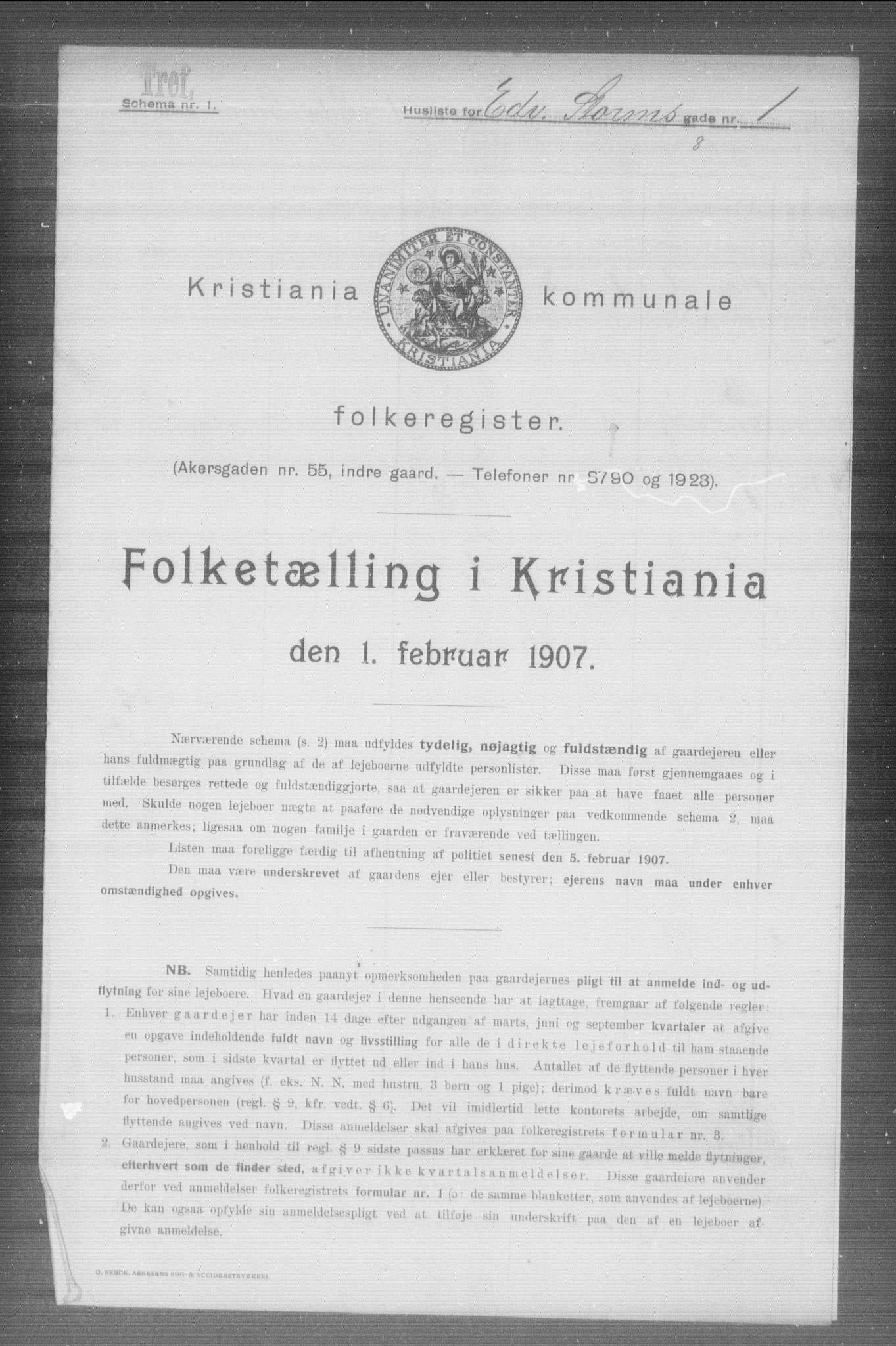 OBA, Kommunal folketelling 1.2.1907 for Kristiania kjøpstad, 1907, s. 9516