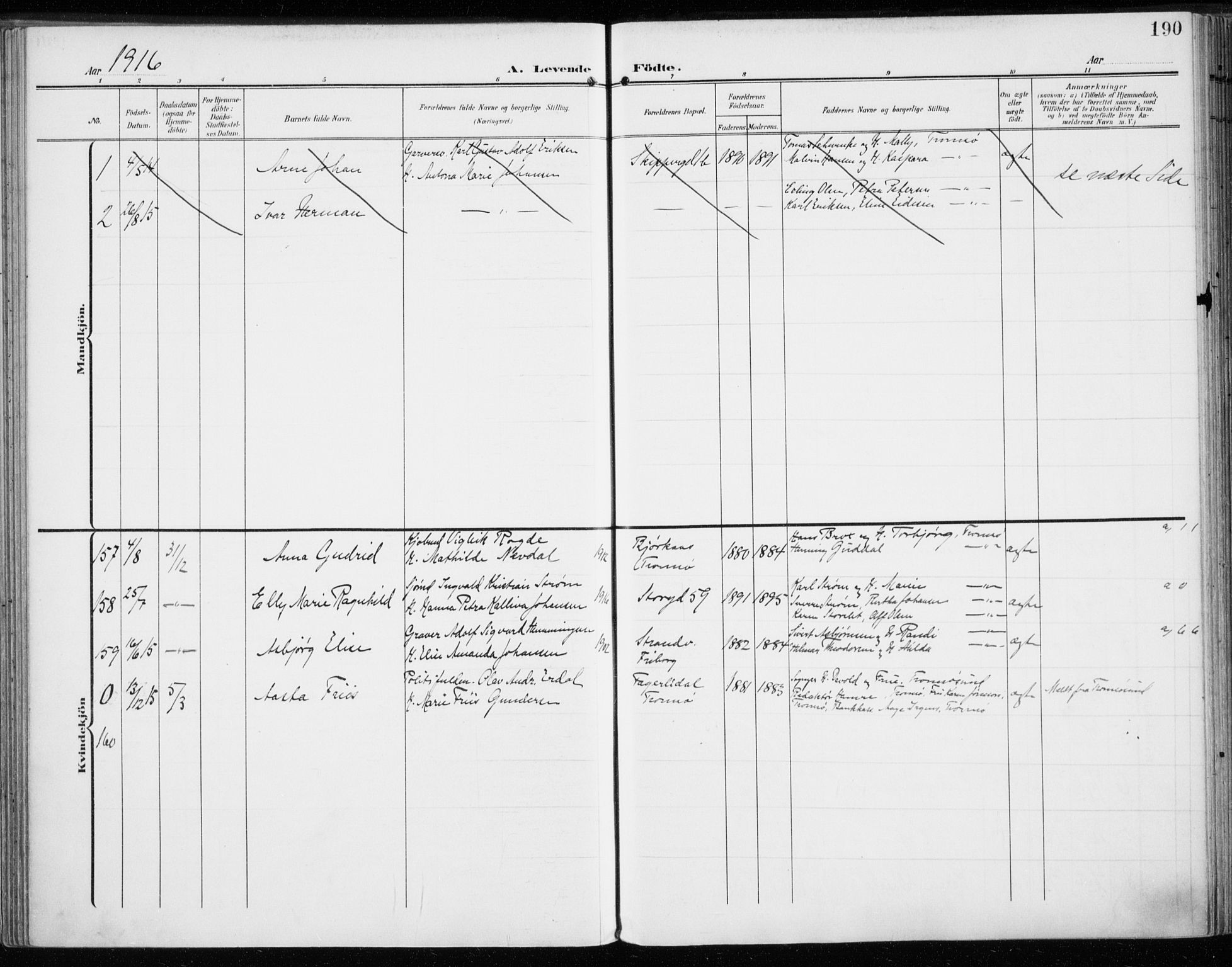 Tromsø sokneprestkontor/stiftsprosti/domprosti, AV/SATØ-S-1343/G/Ga/L0017kirke: Ministerialbok nr. 17, 1907-1917, s. 190