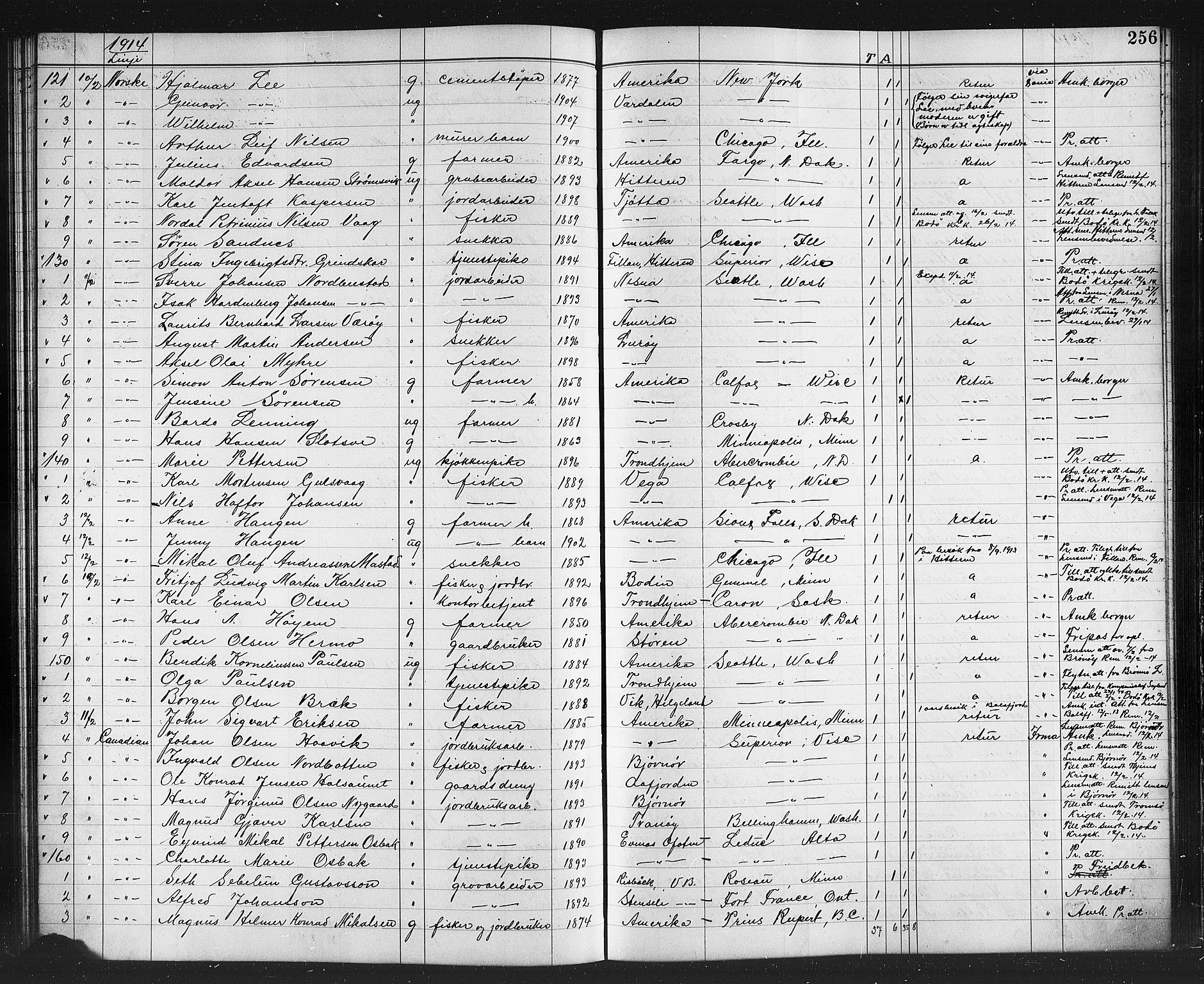 Trondheim politikammer, AV/SAT-A-1887/1/32/L0015: Emigrantprotokoll XIV, 1911-1916, s. 256