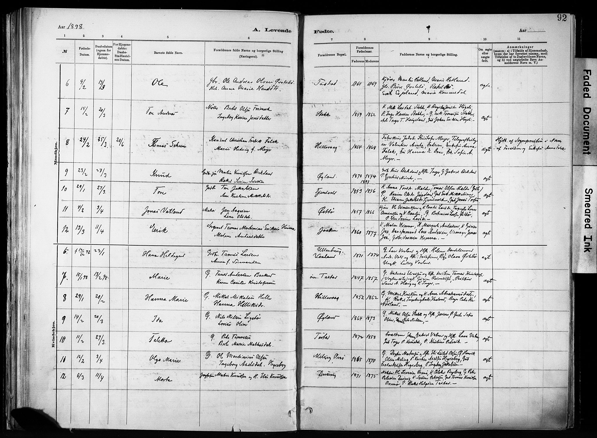 Hetland sokneprestkontor, SAST/A-101826/30/30BA/L0011: Ministerialbok nr. A 11, 1884-1911, s. 92