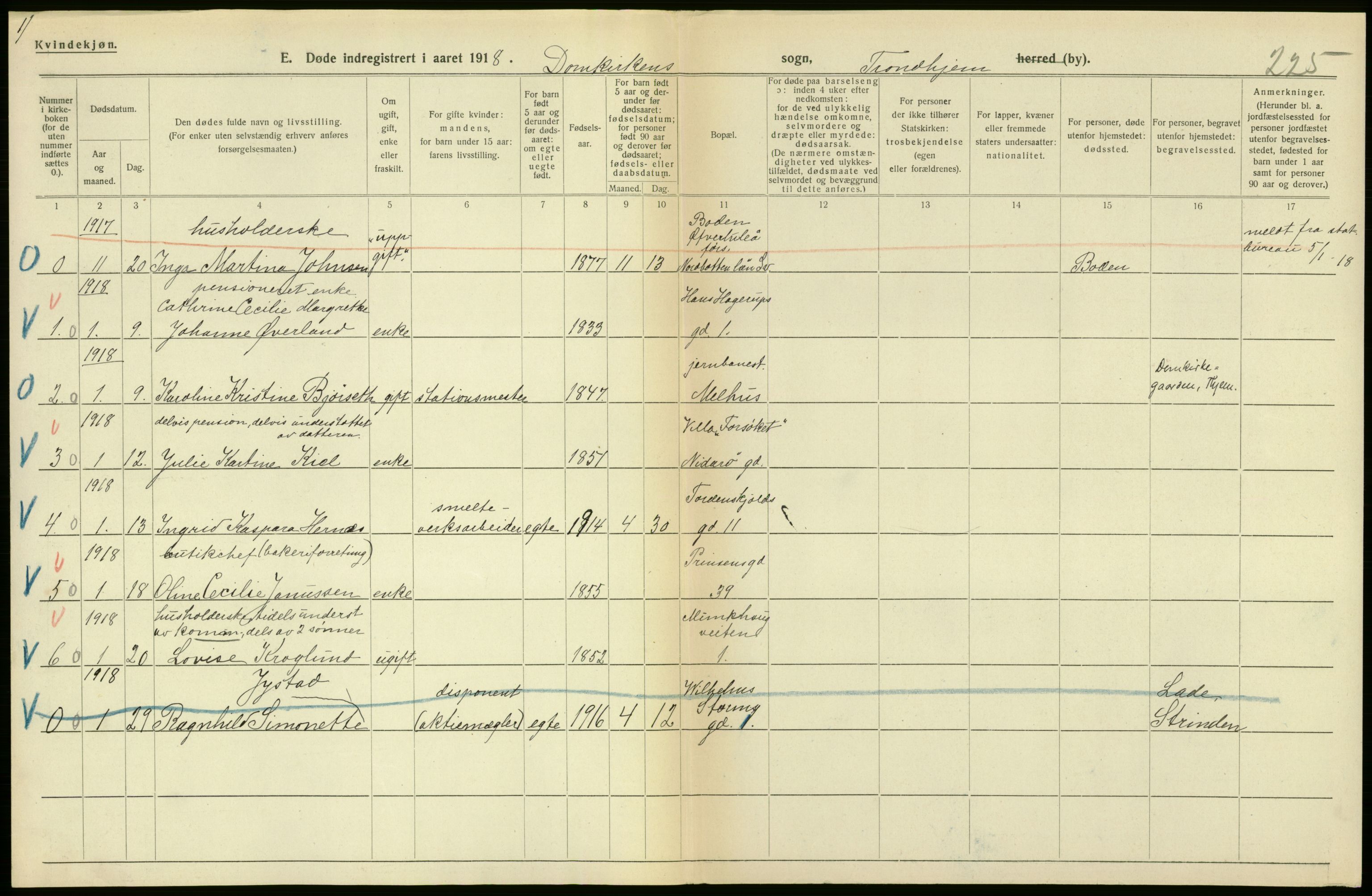 Statistisk sentralbyrå, Sosiodemografiske emner, Befolkning, RA/S-2228/D/Df/Dfb/Dfbh/L0049: Trondheim: Døde, dødfødte., 1918, s. 156