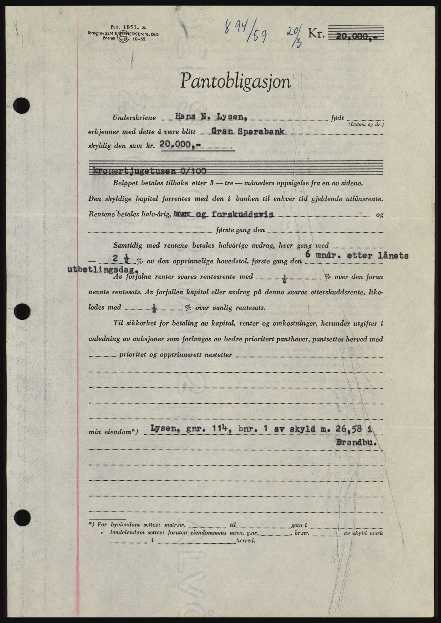 Hadeland og Land tingrett, SAH/TING-010/H/Hb/Hbc/L0040: Pantebok nr. B40, 1959-1959, Dagboknr: 894/1959